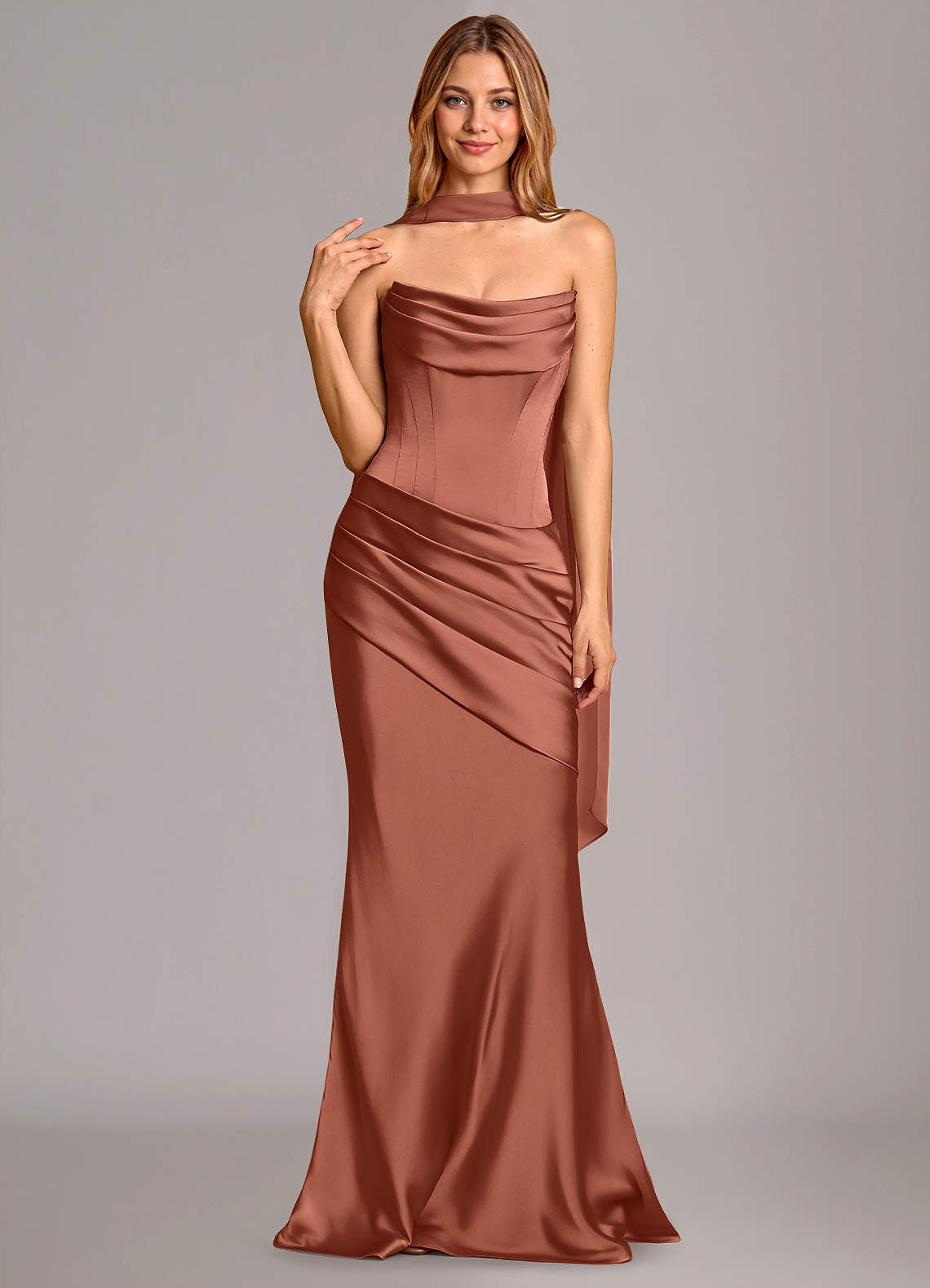 Pelagia Mermaid Cowl-Neck Stretch Satin Bridesmaid Dress in Auburn