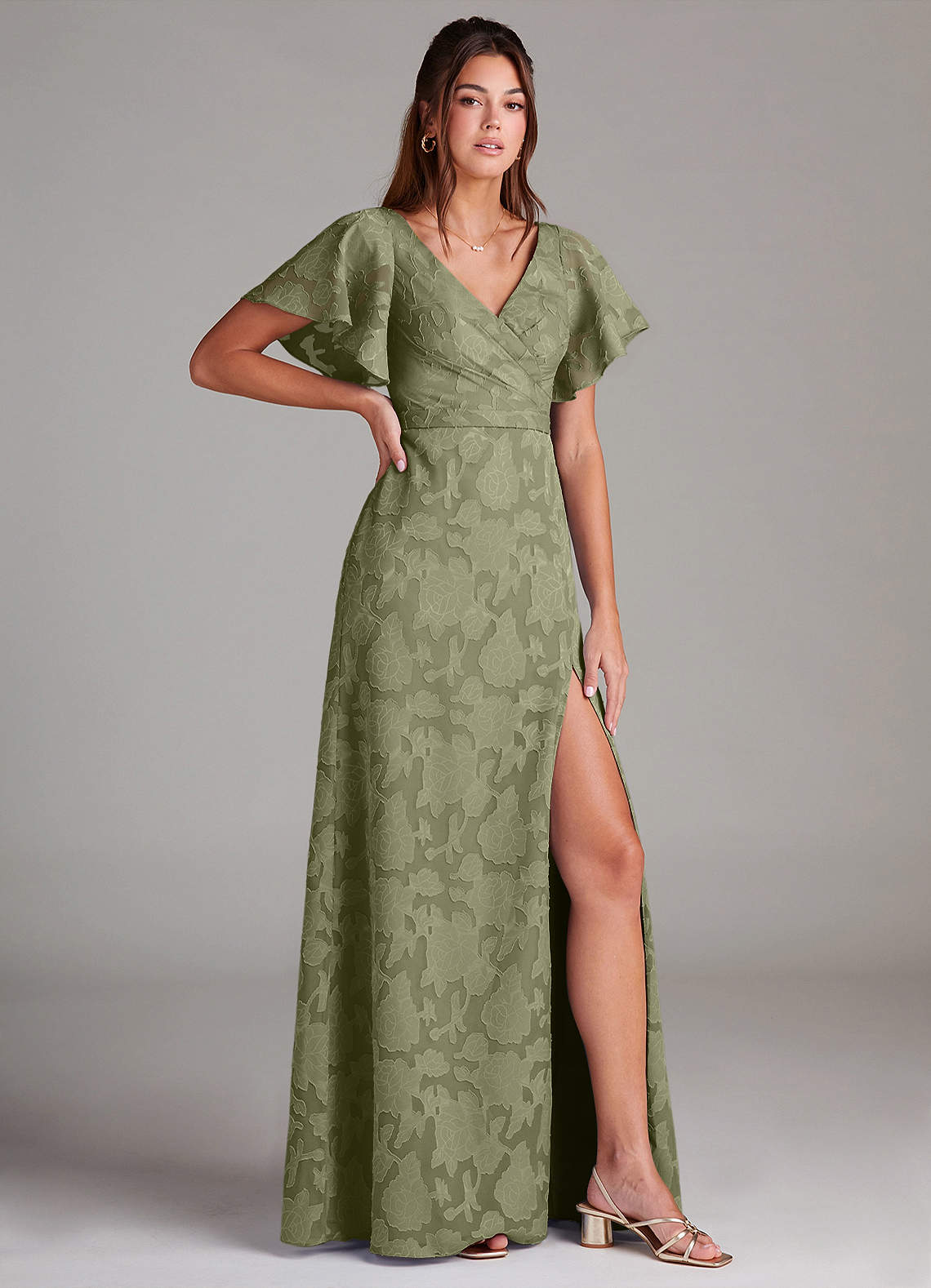 Ambrosia A-Line V-Neck Floral Burnout Bridesmaid Dress in Pistachio