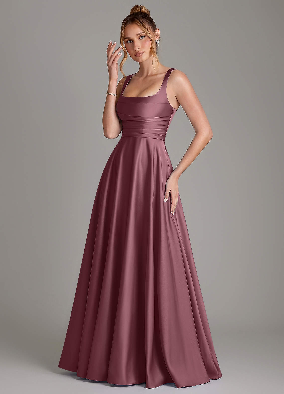 Azaria A-Line Square-Neck Stretch Satin Bridesmaid Dress in Desert Rose