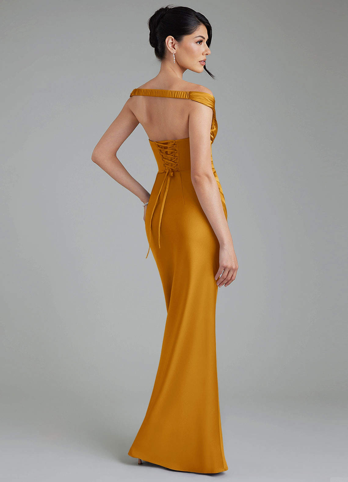 Stella Sheath V-Neck Stretch Satin Bridesmaid Dress in butterscotch