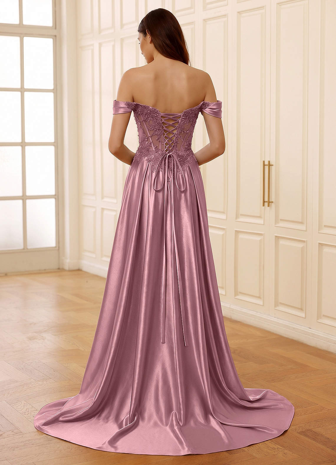 Rowane A-Line Off-the-Shoulder Satin Evening Dress in Dusty Pink