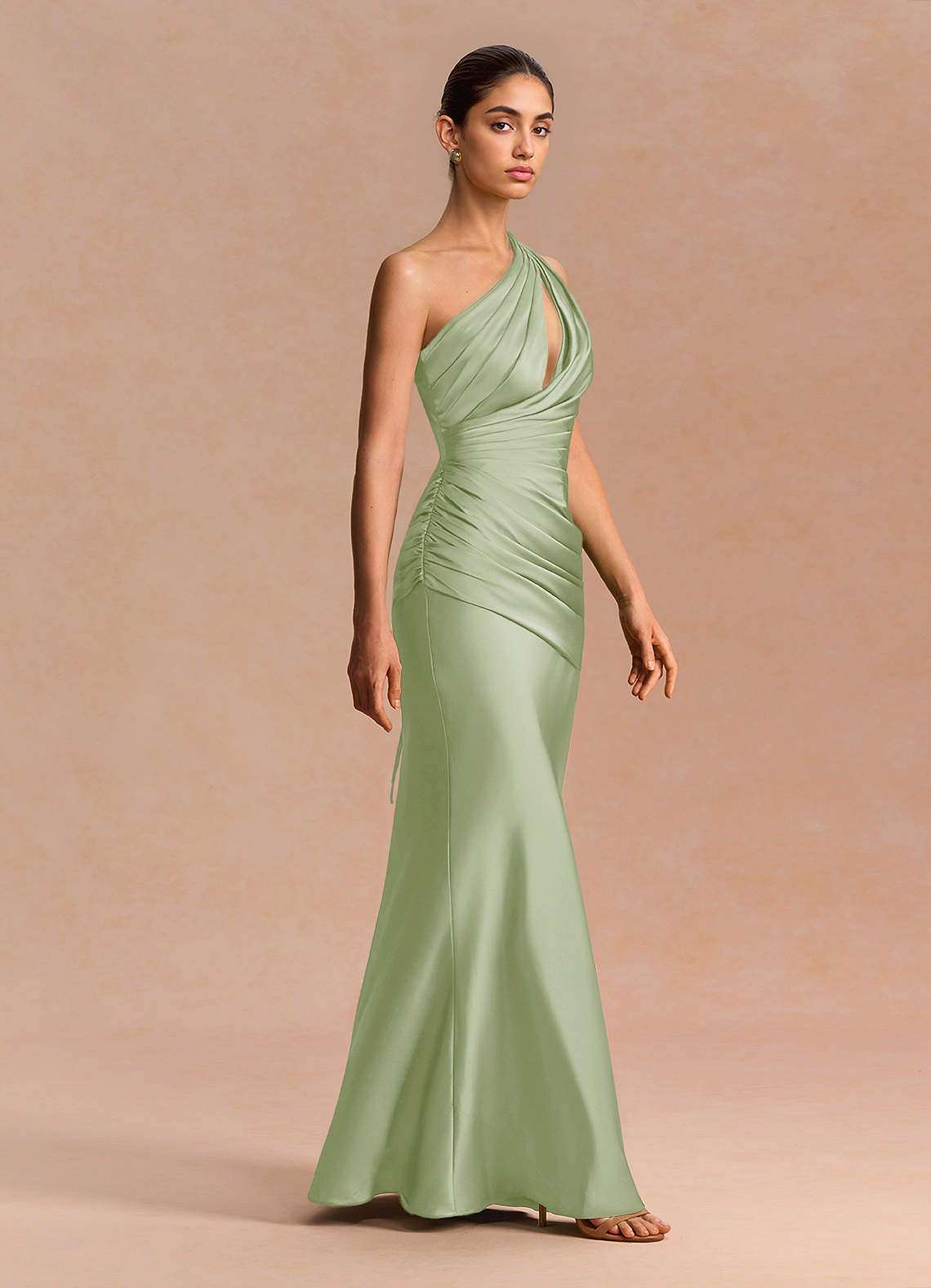 Guinevere One-Shoulder Cutout Stretch Satin Evening Dress in Light Green