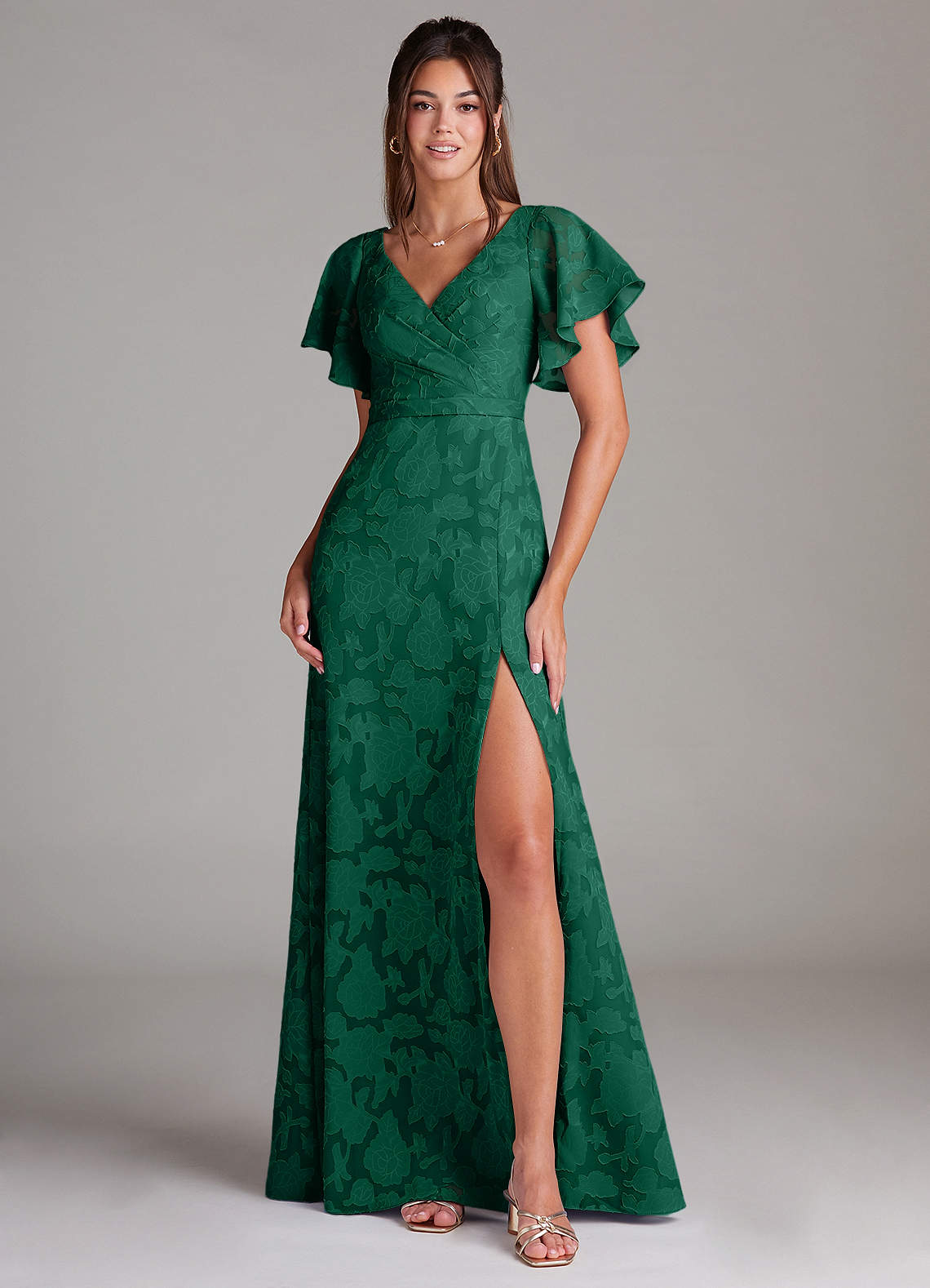 Ambrosia A-Line V-Neck Floral Burnout Bridesmaid Dress in Emerald