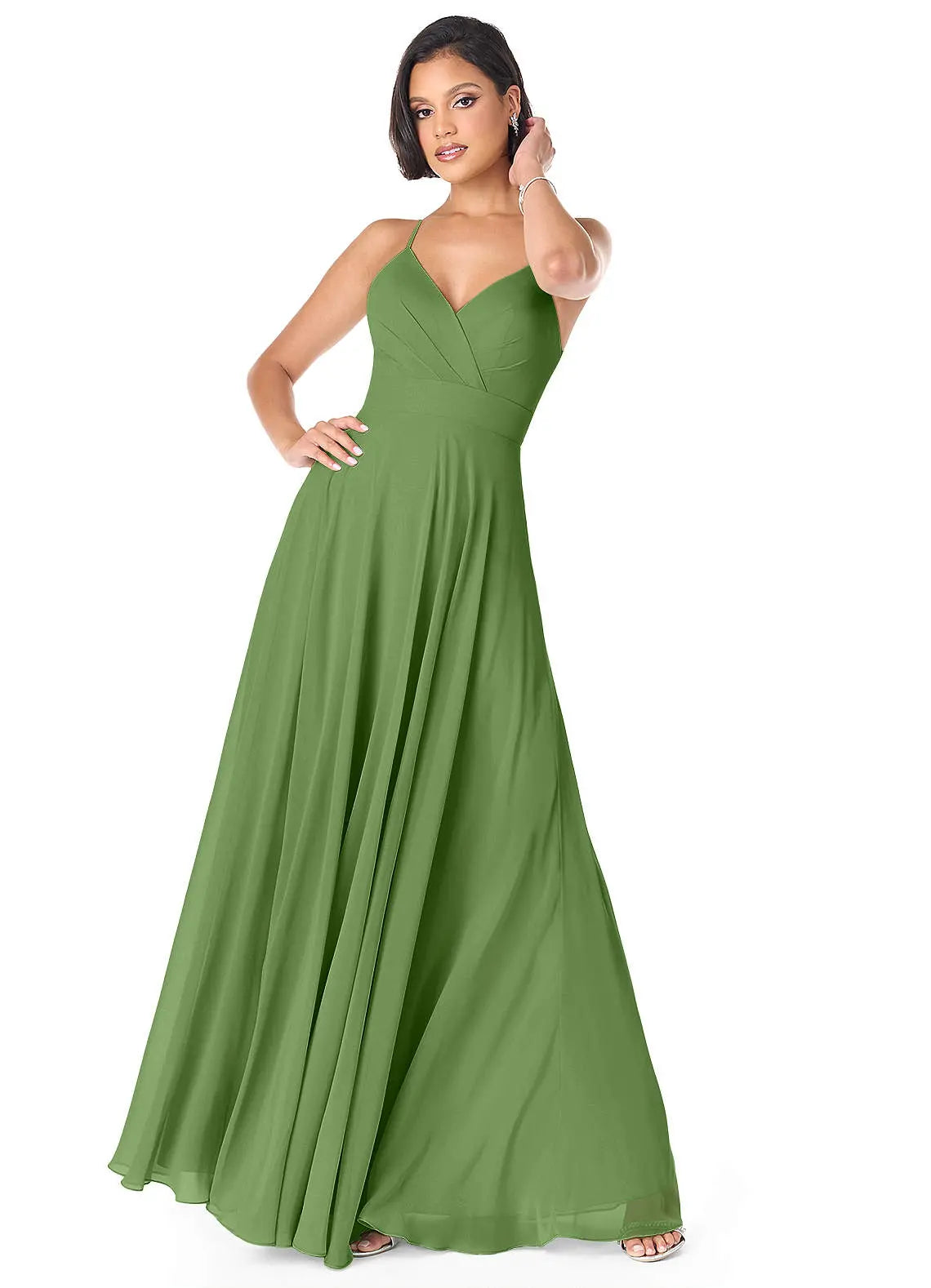 Avelina A-Line V-Neck Chiffon Bridesmaid Dress in Basil