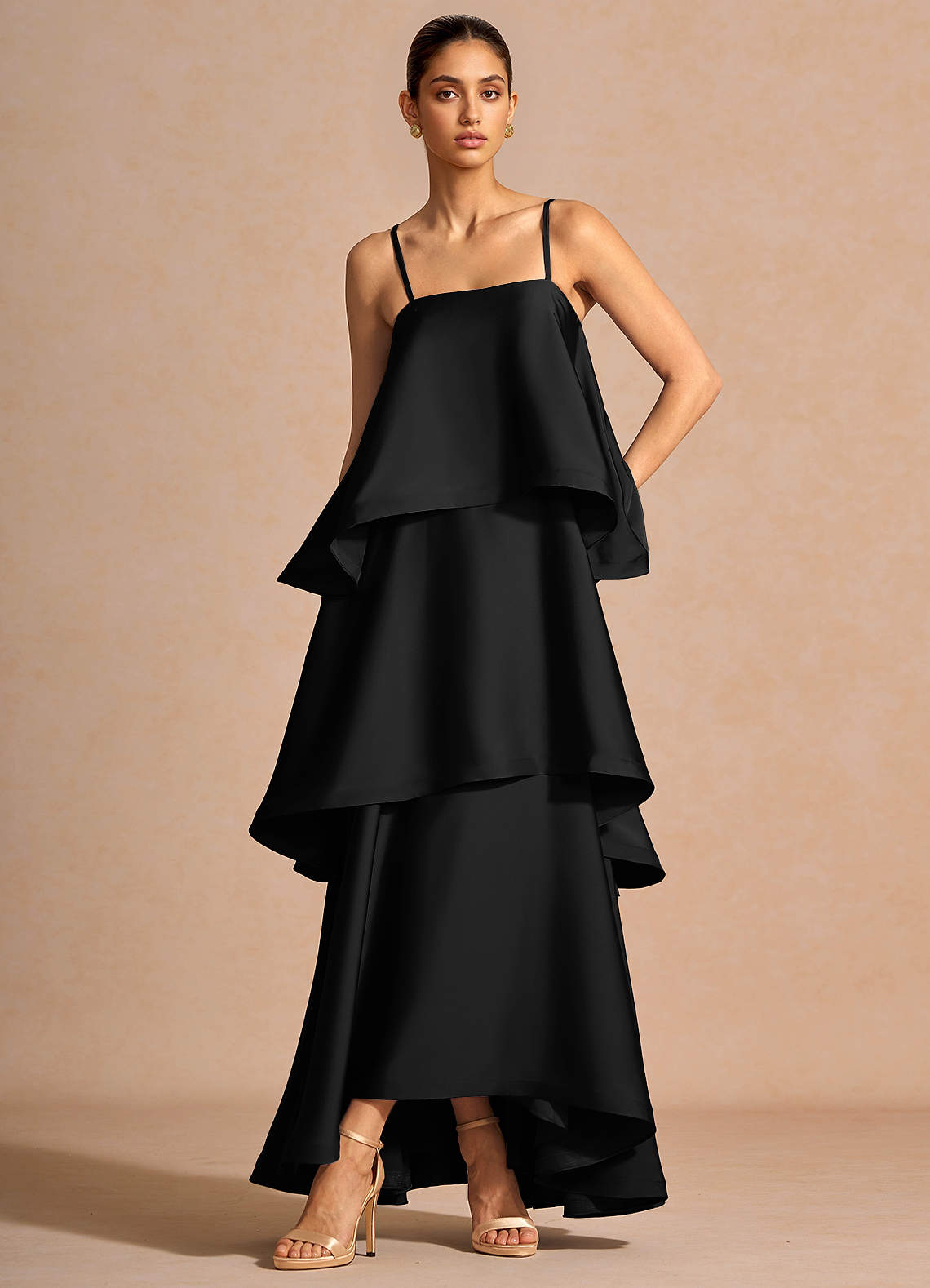Itasca A-Line Tiered Stretch Satin Wedding Guest Dress in Lemon Green