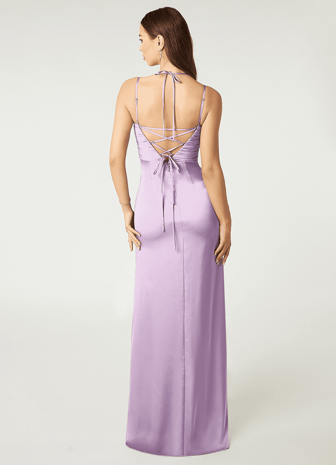 Desi Sheath Halter Stretch Satin Bridesmaid Dress in Frosted Lilac