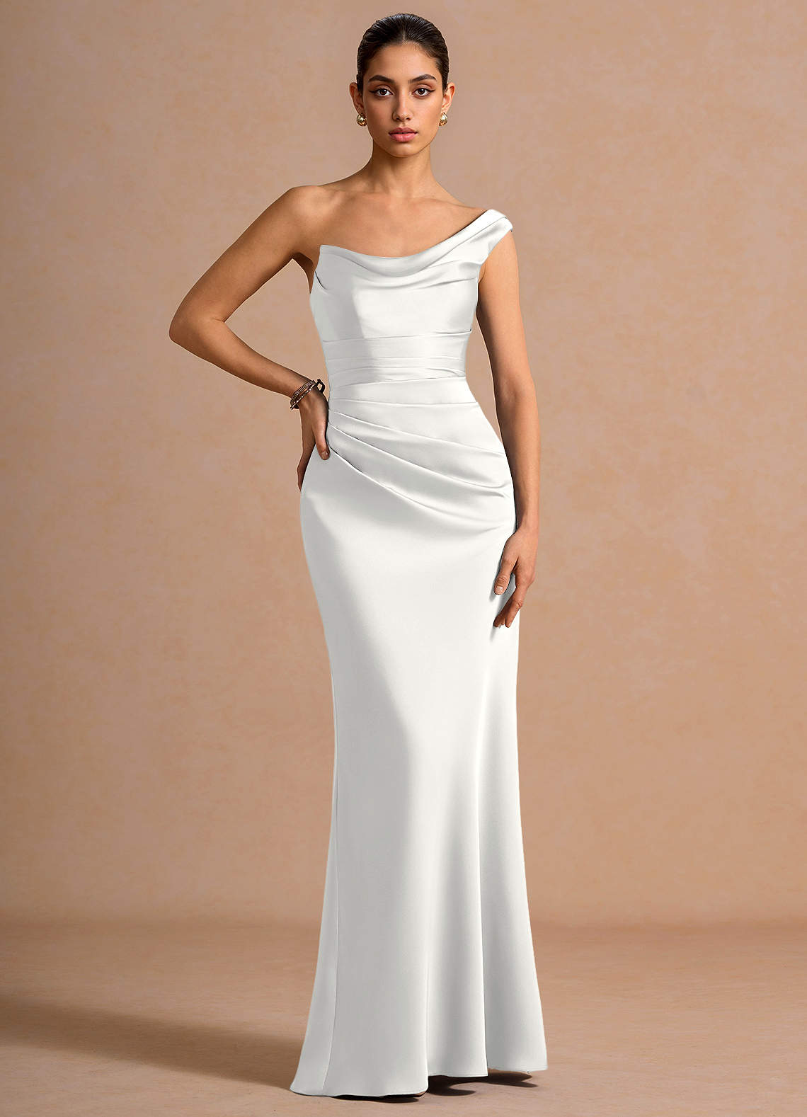Cassiopeia One-Shoulder Draped Stretch Satin Evening Dress in White