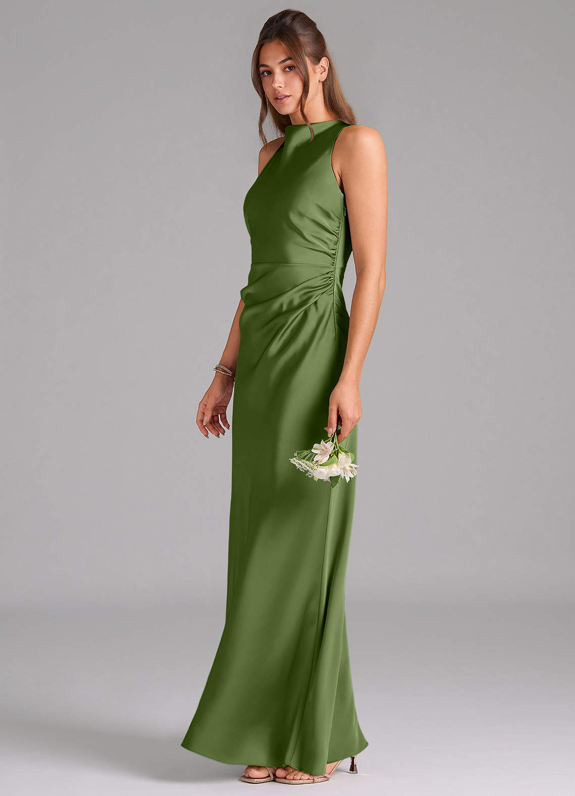 Evadne Sheath Scoop-Neck Stretch Satin Bridesmaid Dress in Juniper