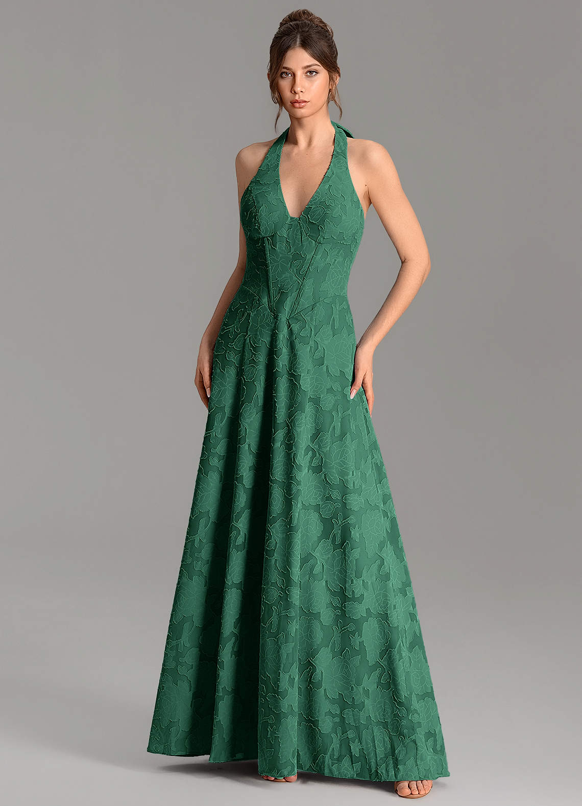Nia A-Line V-Neck Floral Burnout Bridesmaid Dress in Dark Green