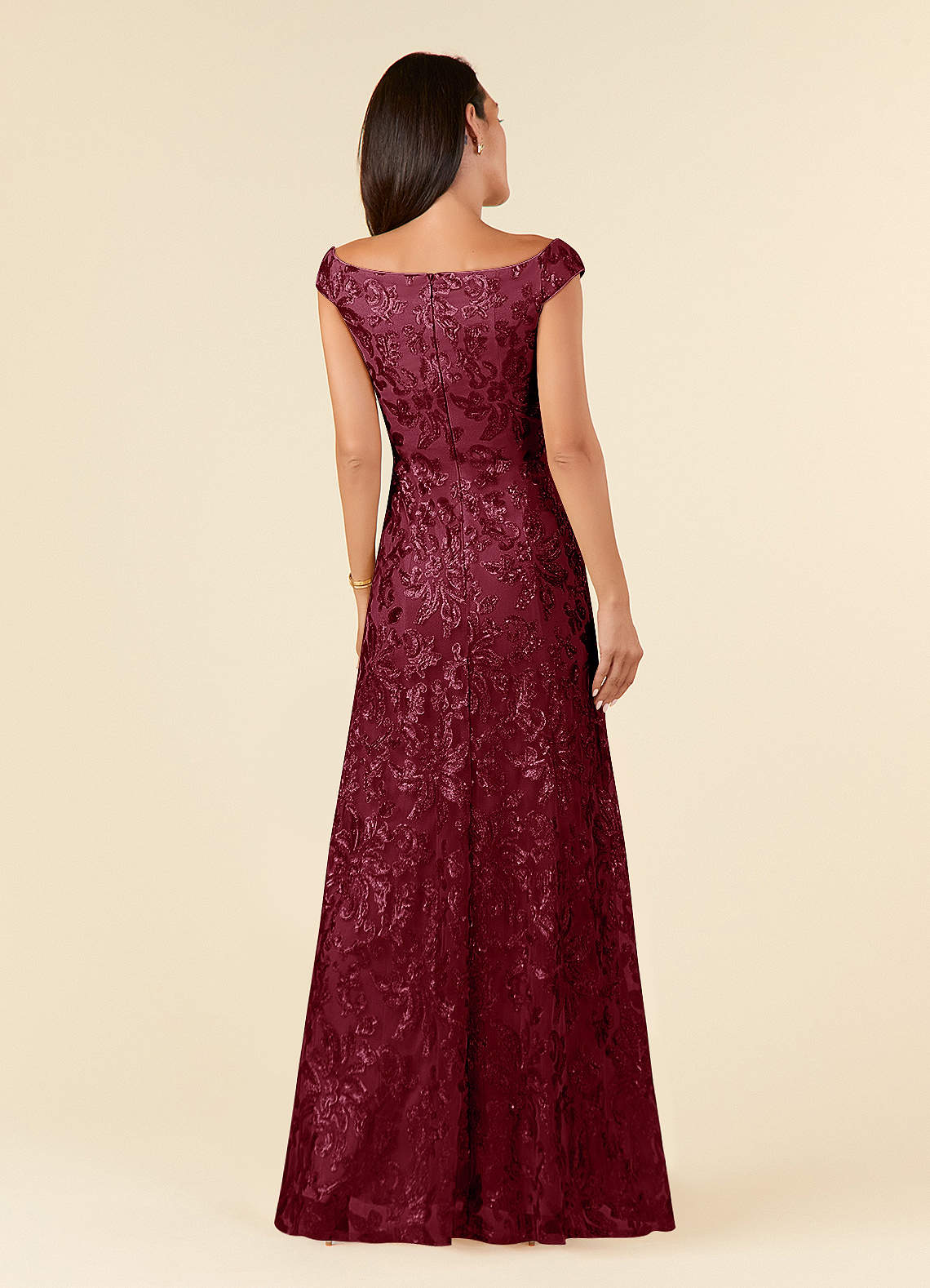 Porcelain A-Line Off-the-Shoulder Lace Mother of the Bride Dress in Burgundy