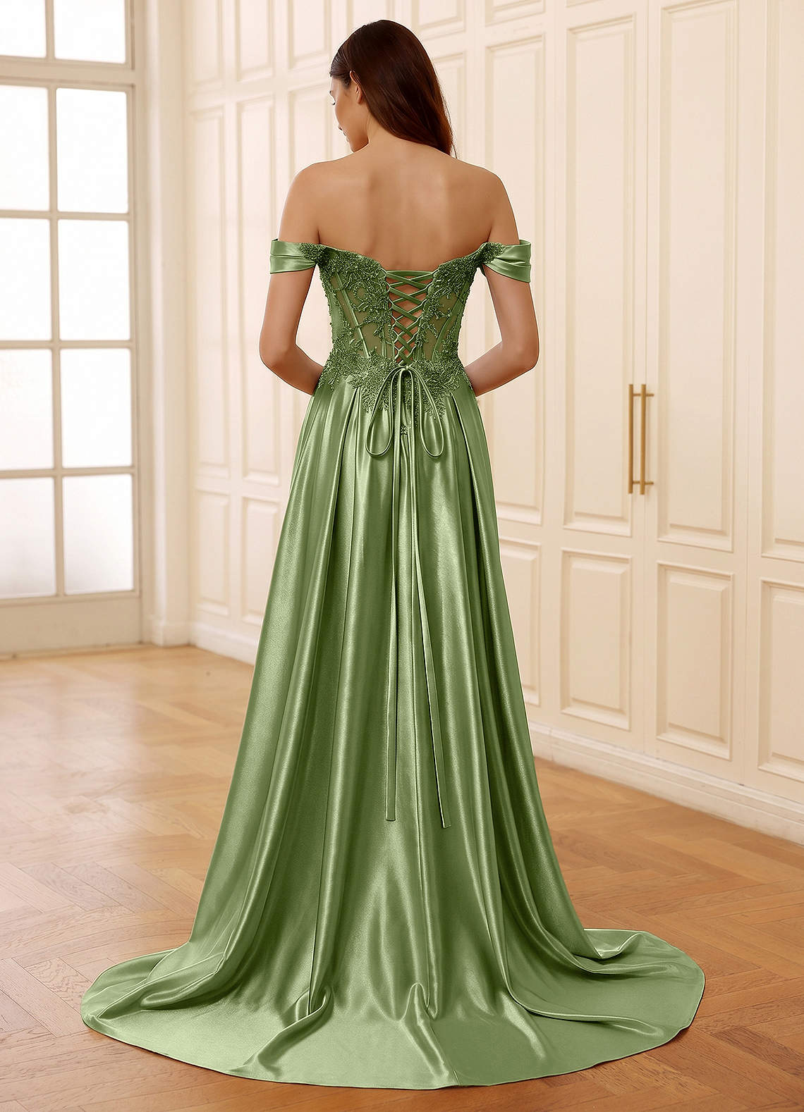 Rowane A-Line Off-the-Shoulder Satin Evening Dress in Olive
