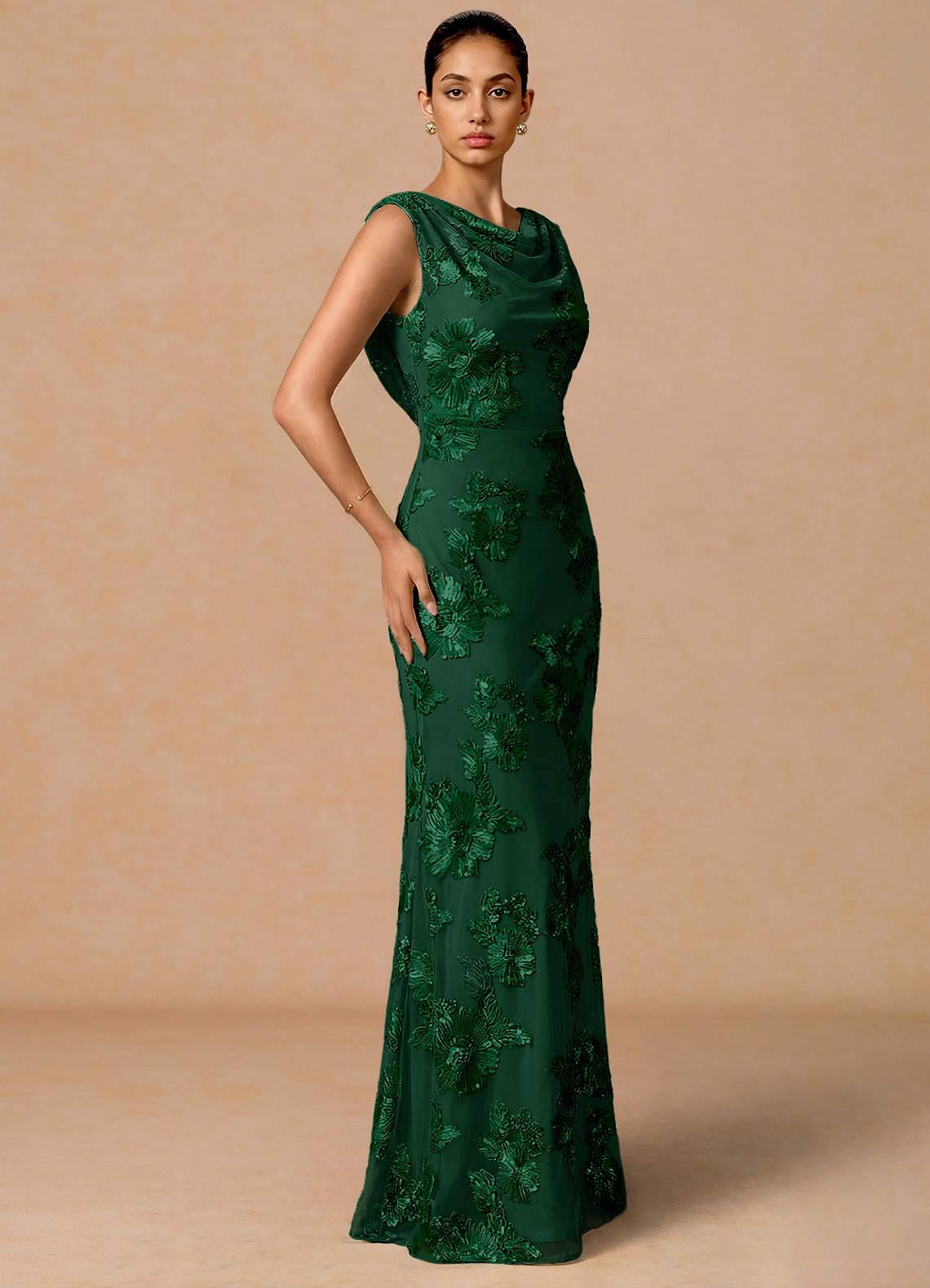 Elowis Column Open-Back Floral Mesh Evening Dress in Forest Green