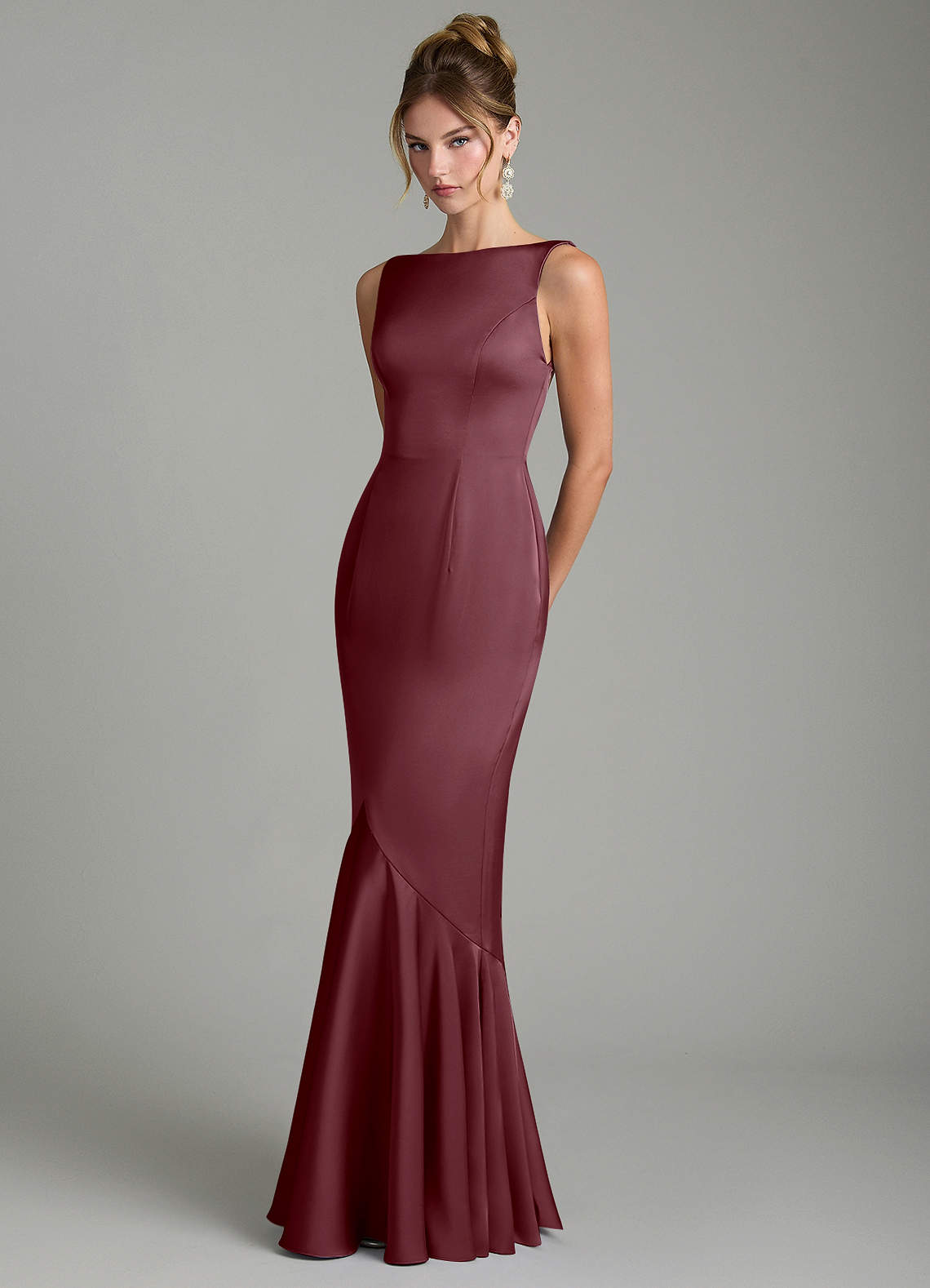 Tamera Mermaid Boat-Neck Stretch Satin and Chiffon Bridesmaid Dress in Sangria