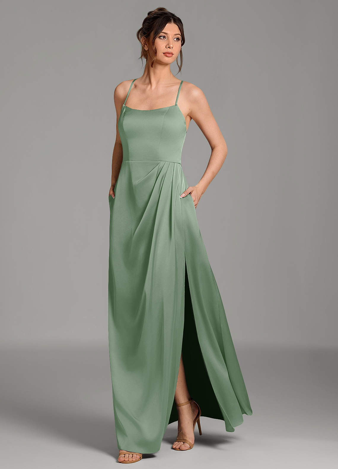 Frankie A-Line Scoop-Neck Stretch Satin Bridesmaid Dress in Matcha