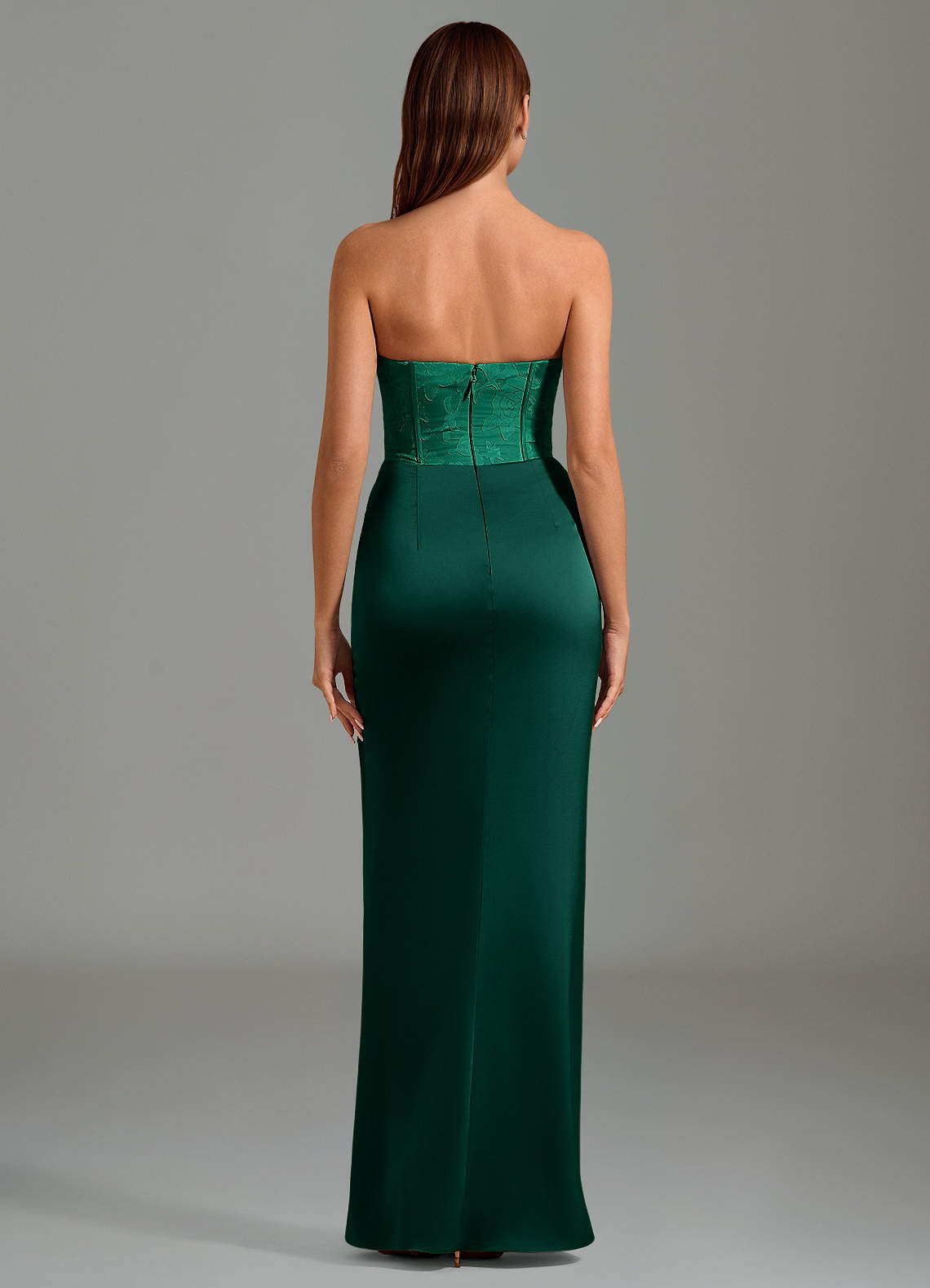 Emilia Mermaid Strapless Stretch Satin and Floral Burnout Bridesmaid Dress in Emerald