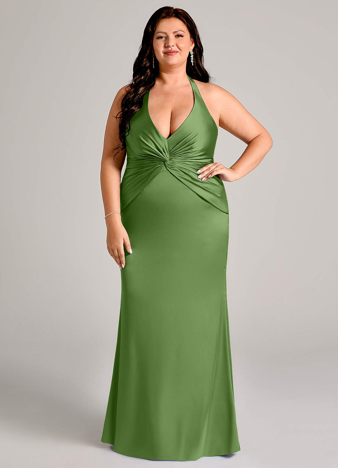 Valerie Mermaid V-Neck Stretch Satin Bridesmaid Dress in Basil