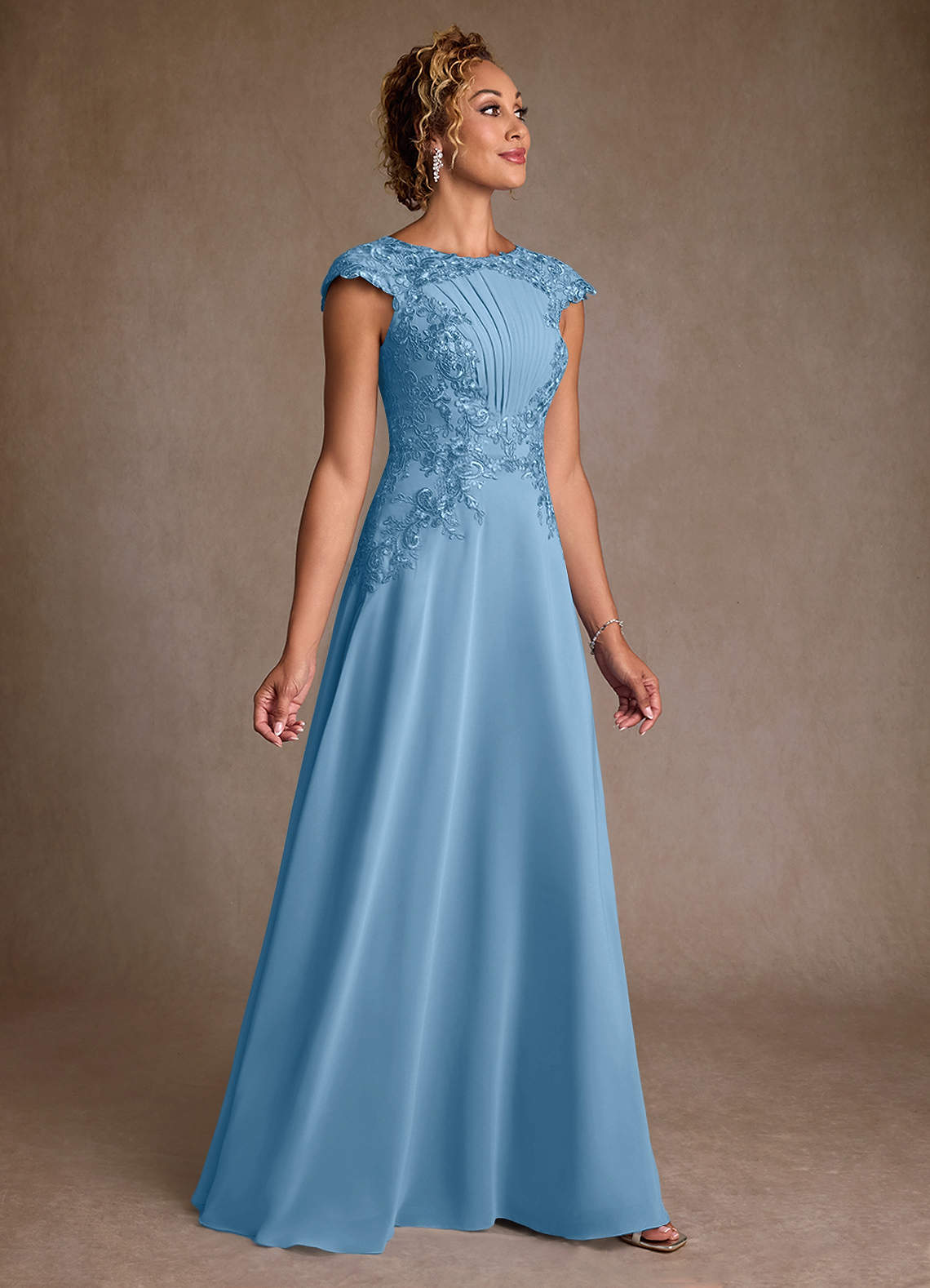 Christi A-Line Scoop-Neck Chiffon and Lace Mother of the Bride Dress in Steel Blue