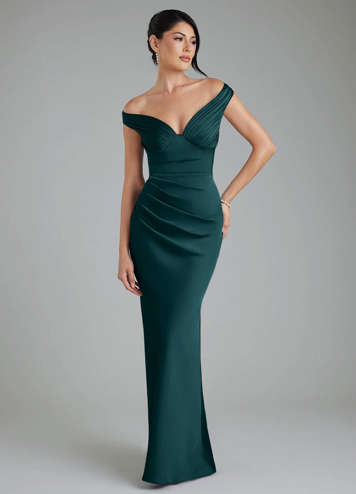Stella Sheath V-Neck Stretch Satin Bridesmaid Dress in Pine