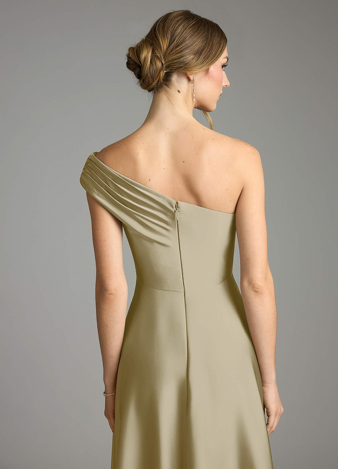 Melanie A-Line One-Shoulder Stretch Satin Bridesmaid Dress in Moss Green