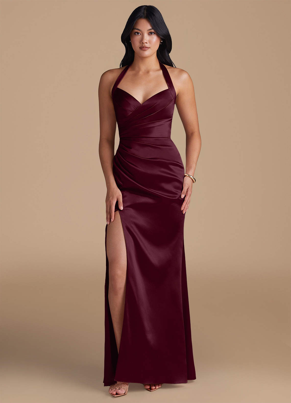 Emeria Sheath Halter Metallic Satin Bridesmaid Dress in Cabernet