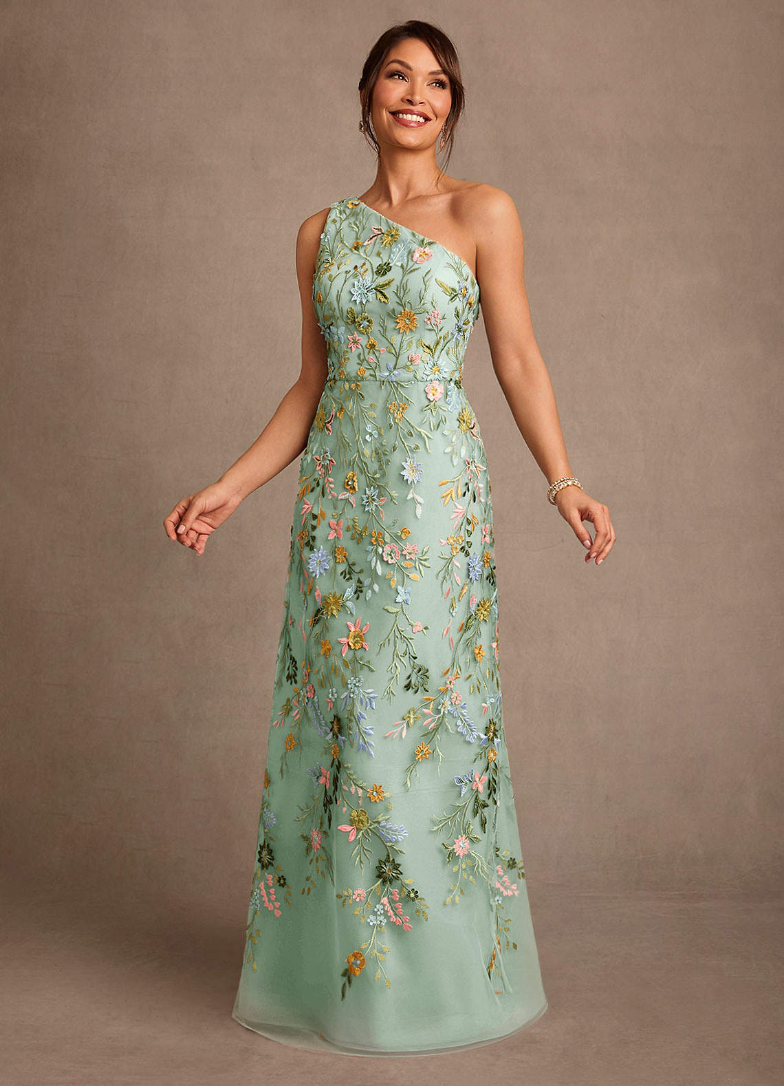 Bertie A-Line One-Shoulder Lace Mother of the Bride Dress in Agave
