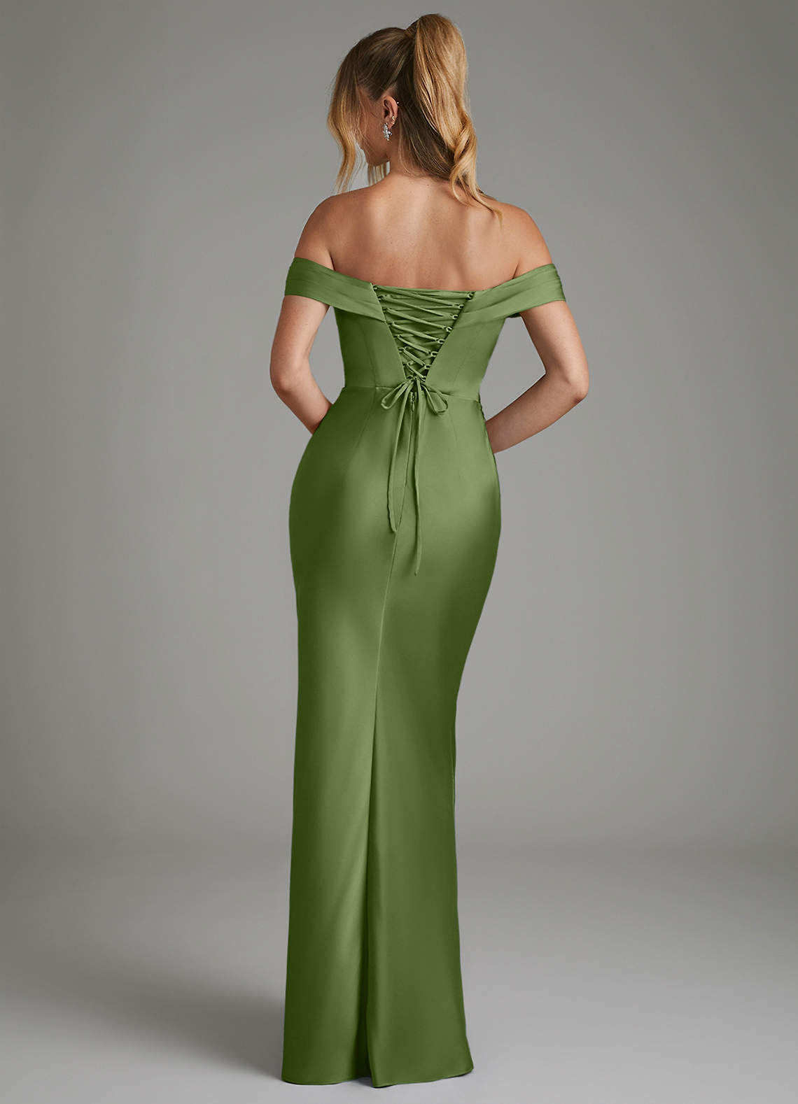 Hayden Mermaid Off-the-Shoulder Stretch Satin Bridesmaid Dress in Juniper