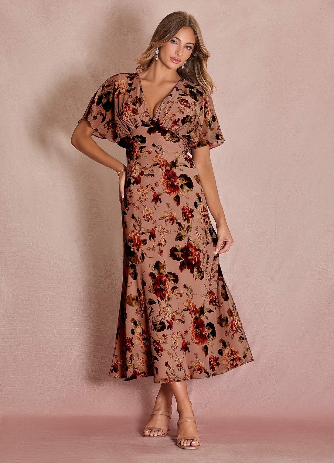 Darla A-Line V-Neck Chiffon Wedding Guest Dress in Mauve Multi