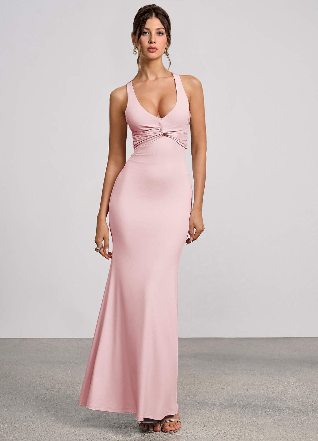 Zinnia Mermaid V-Neck Matte Knit Evening Dress in Powder Pink