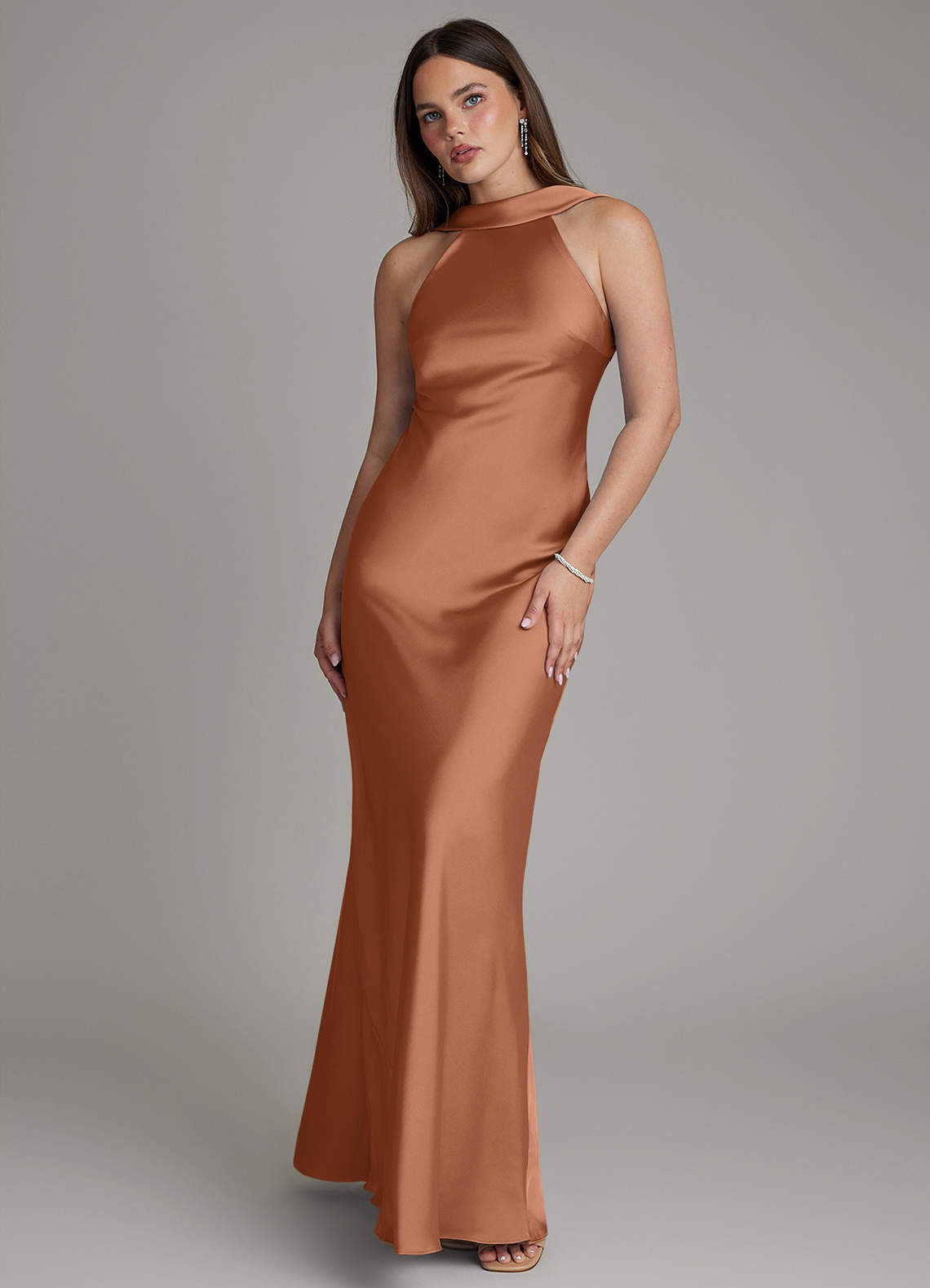 Dimitra Sheath Halter Stretch Satin Bridesmaid Dress in Bronzer