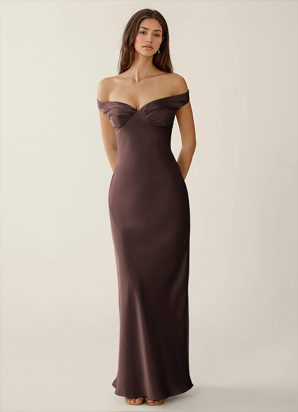 Gwendonme Sheath Off-the-Shoulder Satin Crystal Linen Evening Dress in Truffle