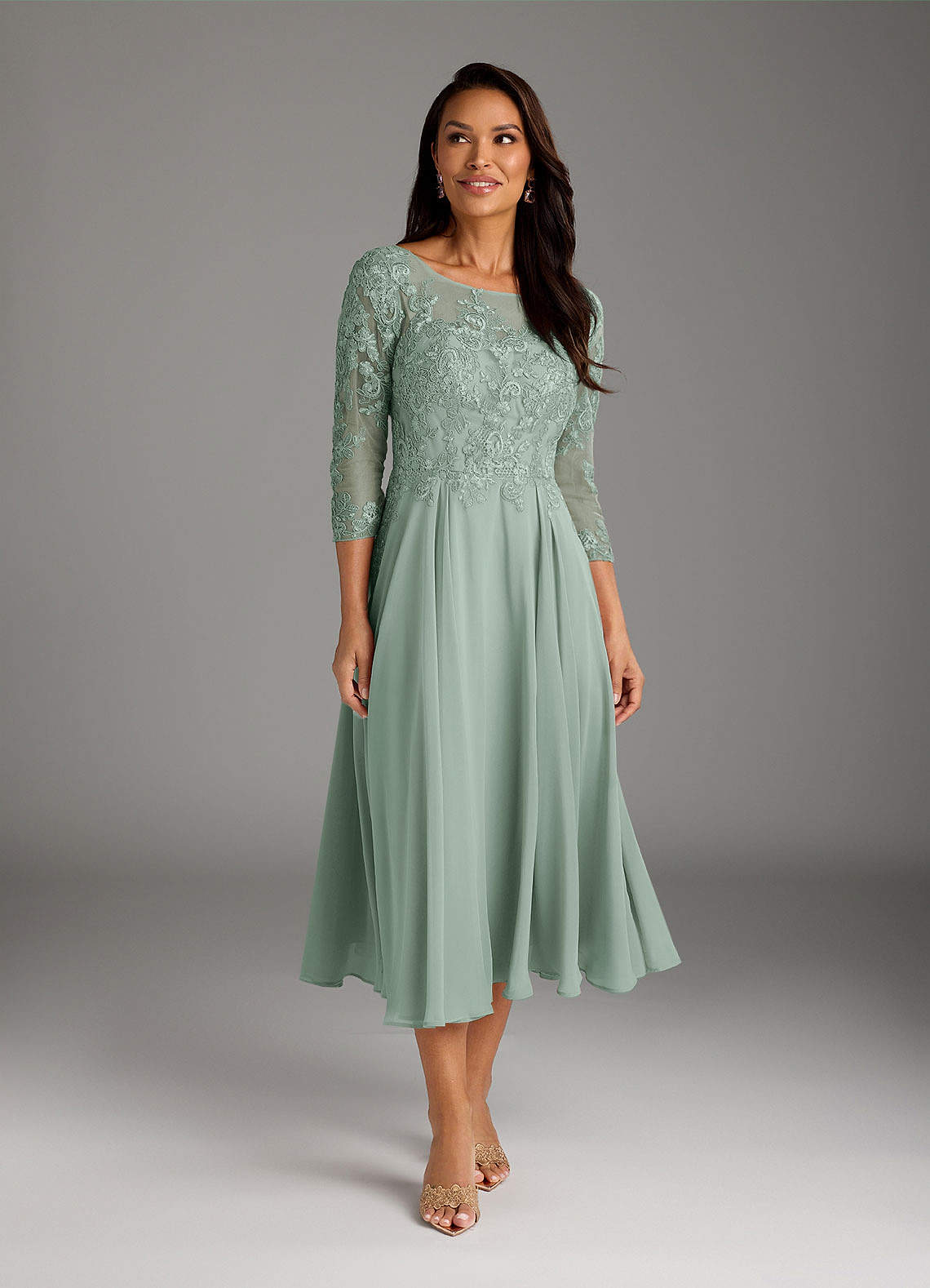 Marge A-Line Scoop-Neck Chiffon and Lace Mother of the Bride Dress in Agave
