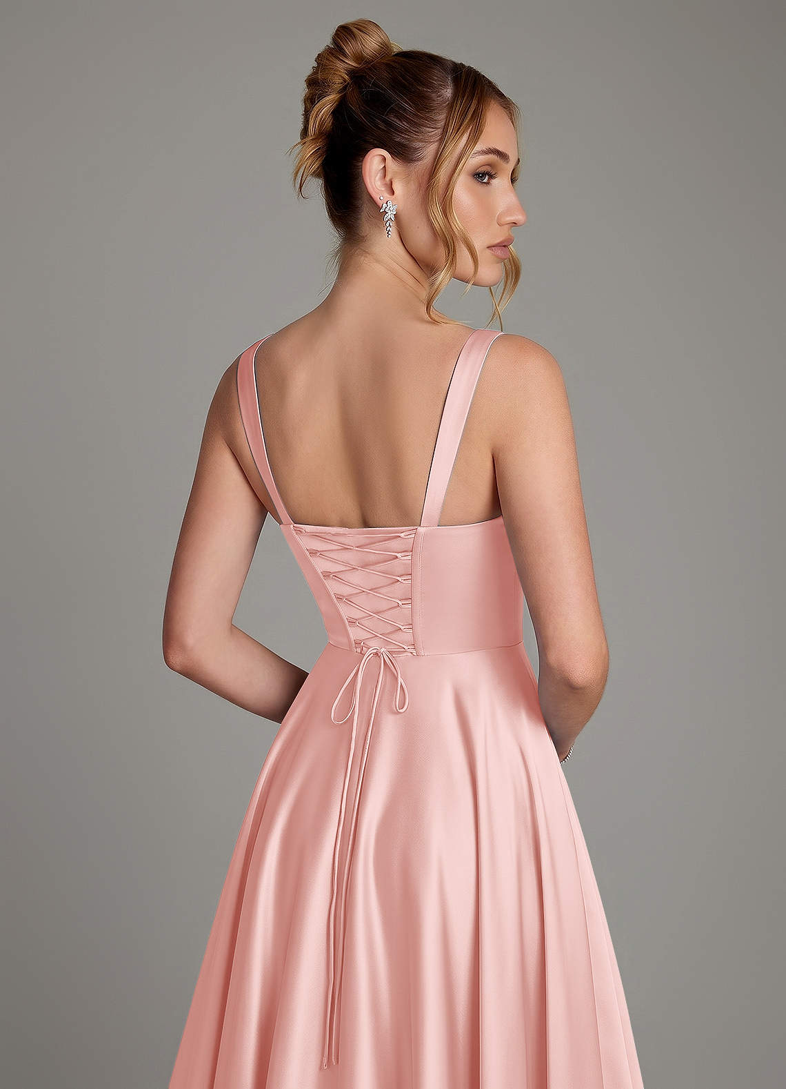 Azaria A-Line Square-Neck Stretch Satin Bridesmaid Dress in Powder Pink