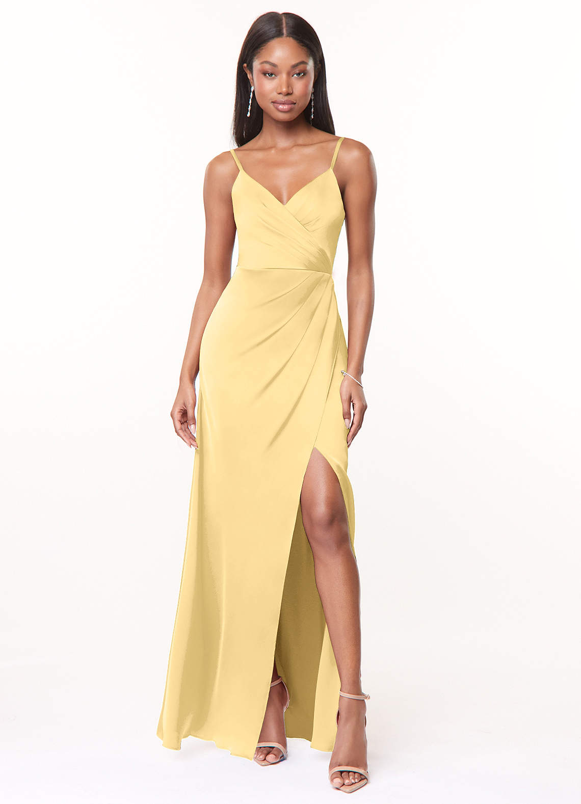 Maci A-Line V-Neck Stretch Satin Bridesmaid Dress in Butter