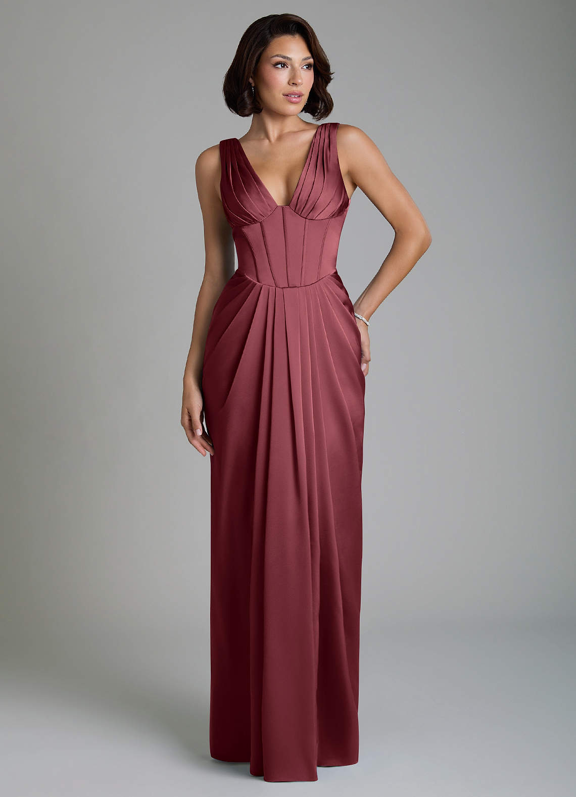 Vanya Sheath V-Neck Stretch Satin Bridesmaid Dress in Merlot