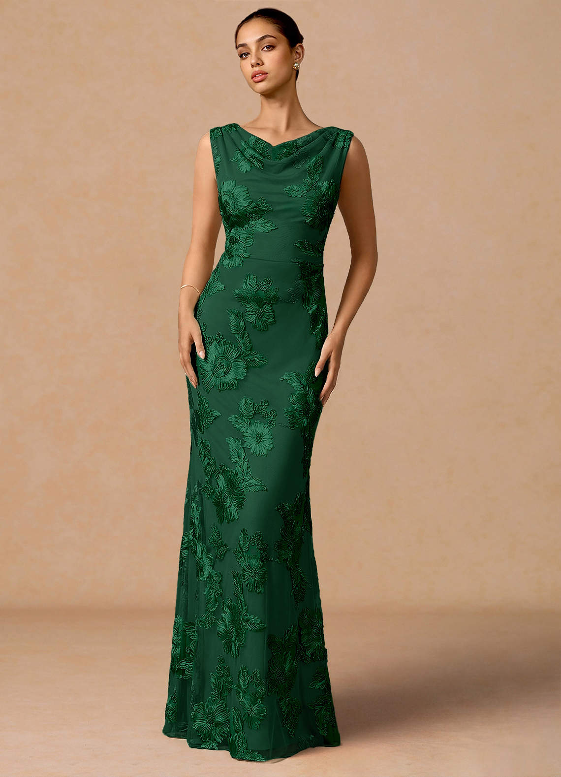 Elowis Column Open-Back Floral Mesh Evening Dress in Forest Green