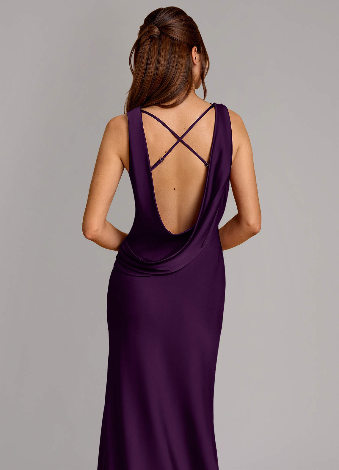 Cheryl Mermaid Cowl-Neck Stretch Satin Bridesmaid Dress in Grape