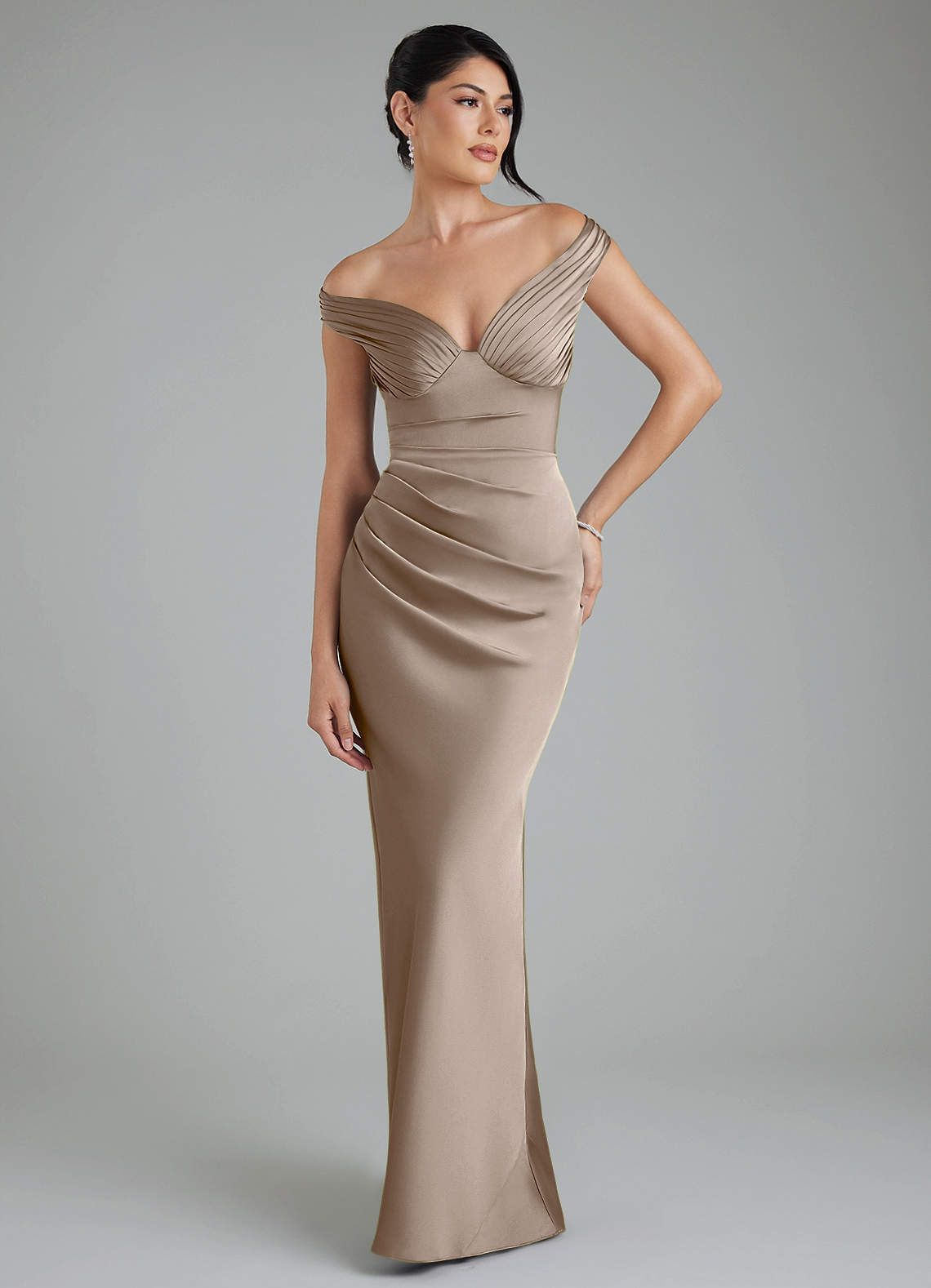 Stella Sheath V-Neck Stretch Satin Bridesmaid Dress in Taupe