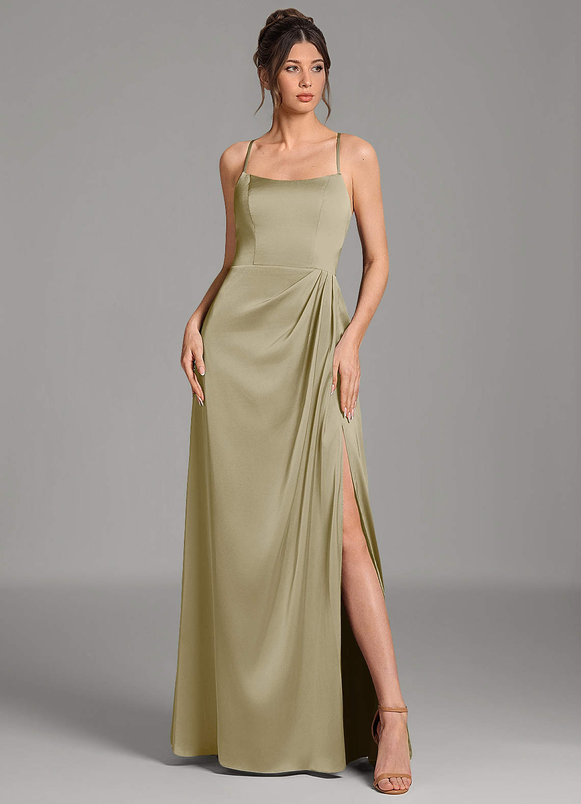 Frankie A-Line Scoop-Neck Stretch Satin Bridesmaid Dress in Moss Green