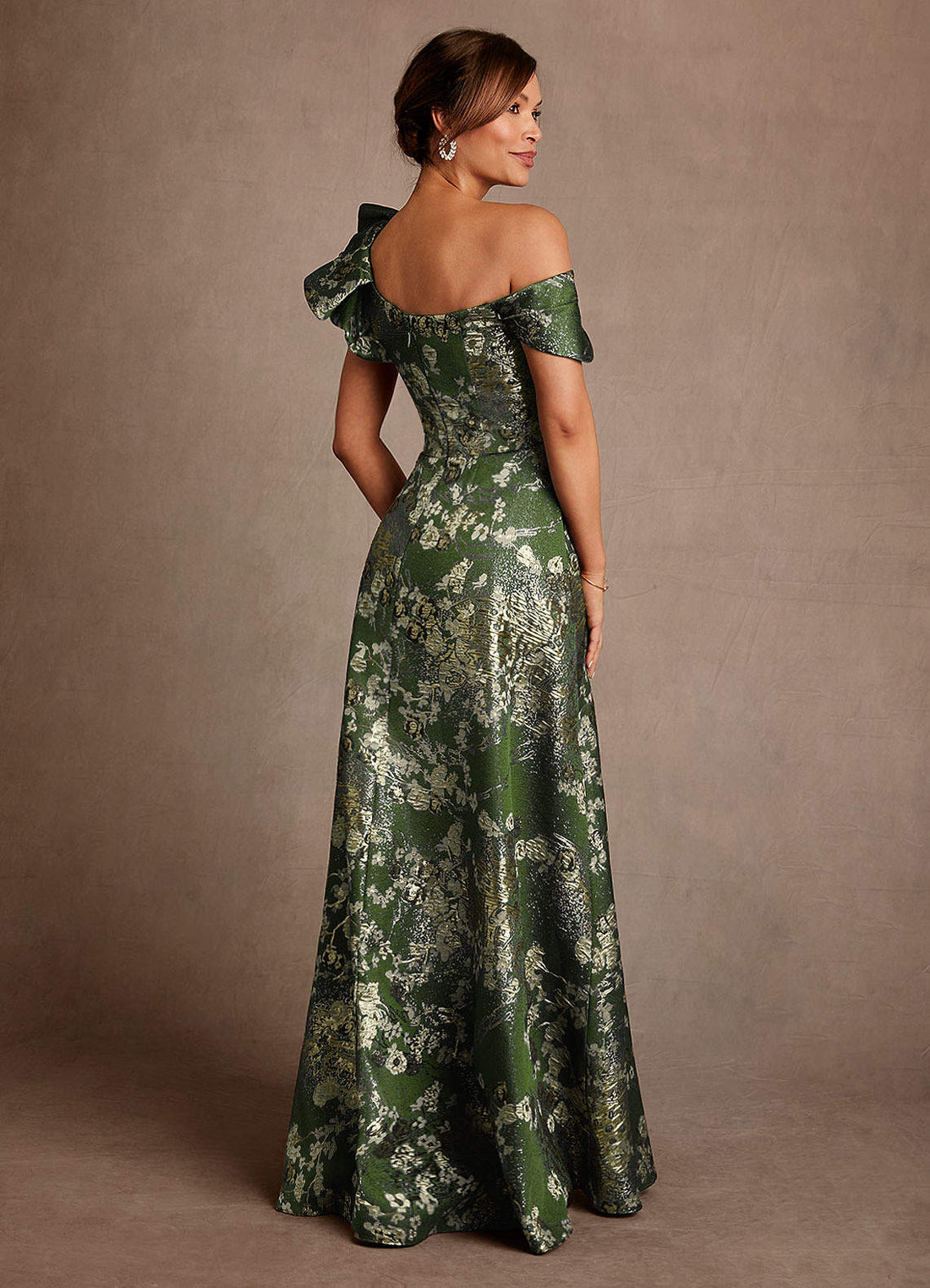 Des Moines A-Line One-Shoulder Floral Jacquard Mother of the Bride Dress in Matcha Green