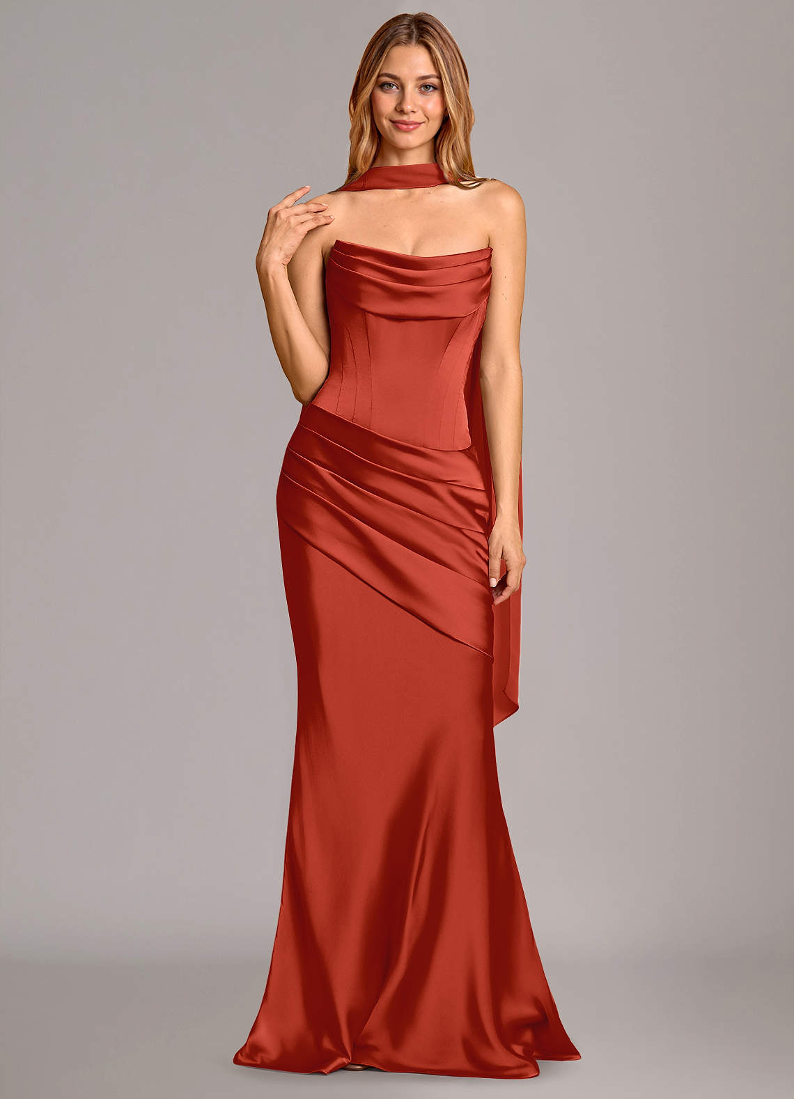 Pelagia Mermaid Cowl-Neck Stretch Satin Bridesmaid Dress in Rust