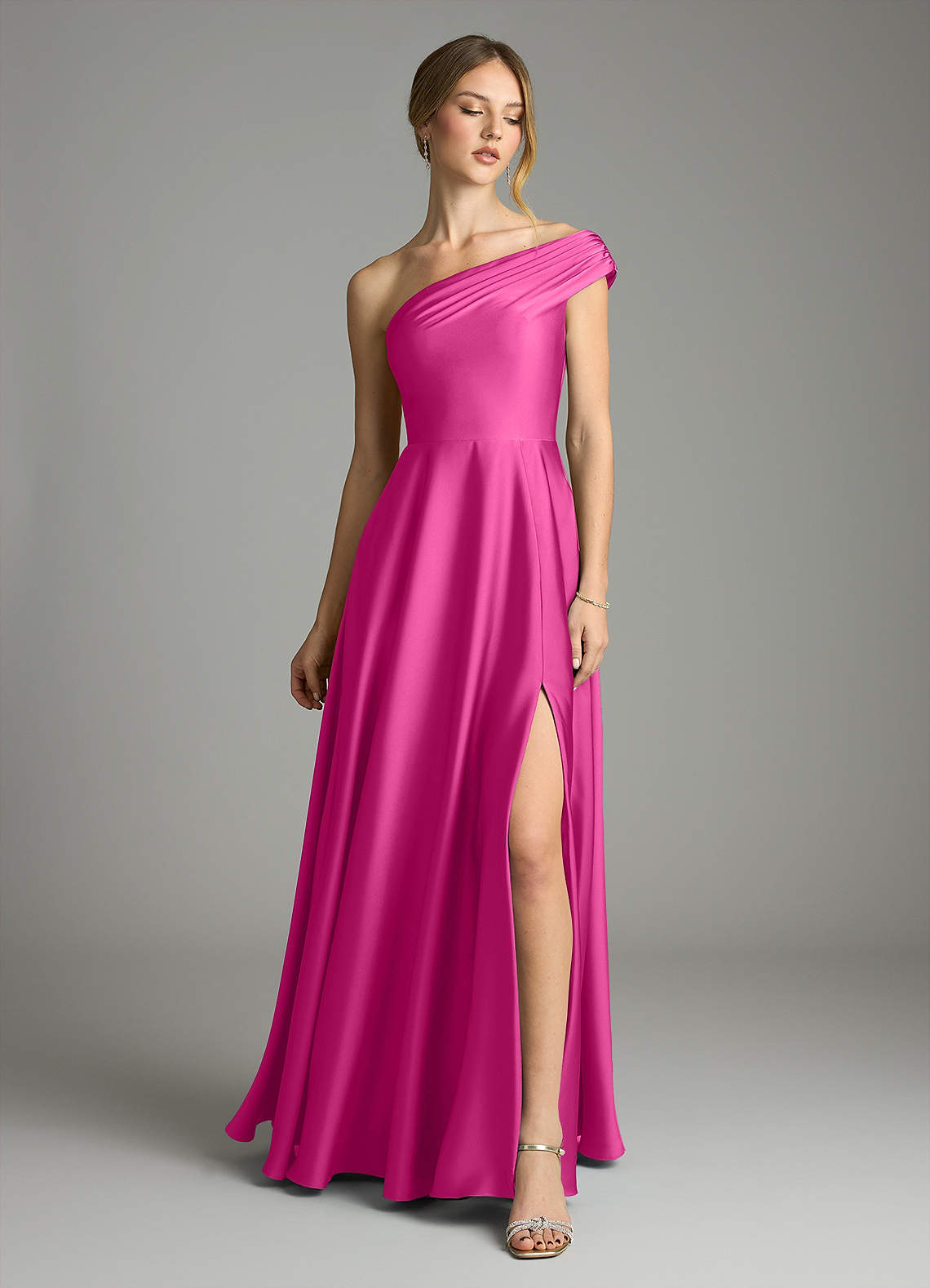 Melanie A-Line One-Shoulder Stretch Satin Bridesmaid Dress in Fuchsia