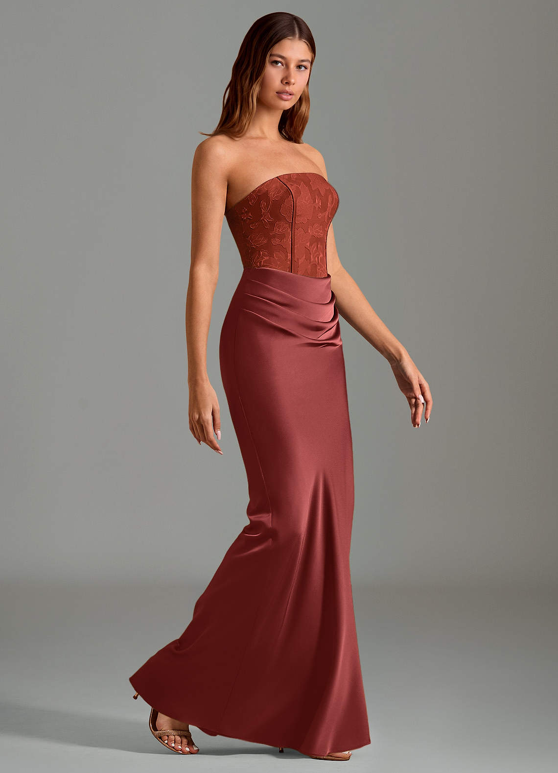 Emilia Mermaid Strapless Stretch Satin and Floral Burnout Bridesmaid Dress in Terracotta