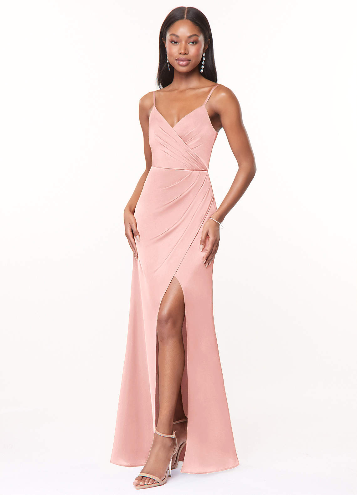 Maci A-Line V-Neck Stretch Satin Bridesmaid Dress in Powder Pink
