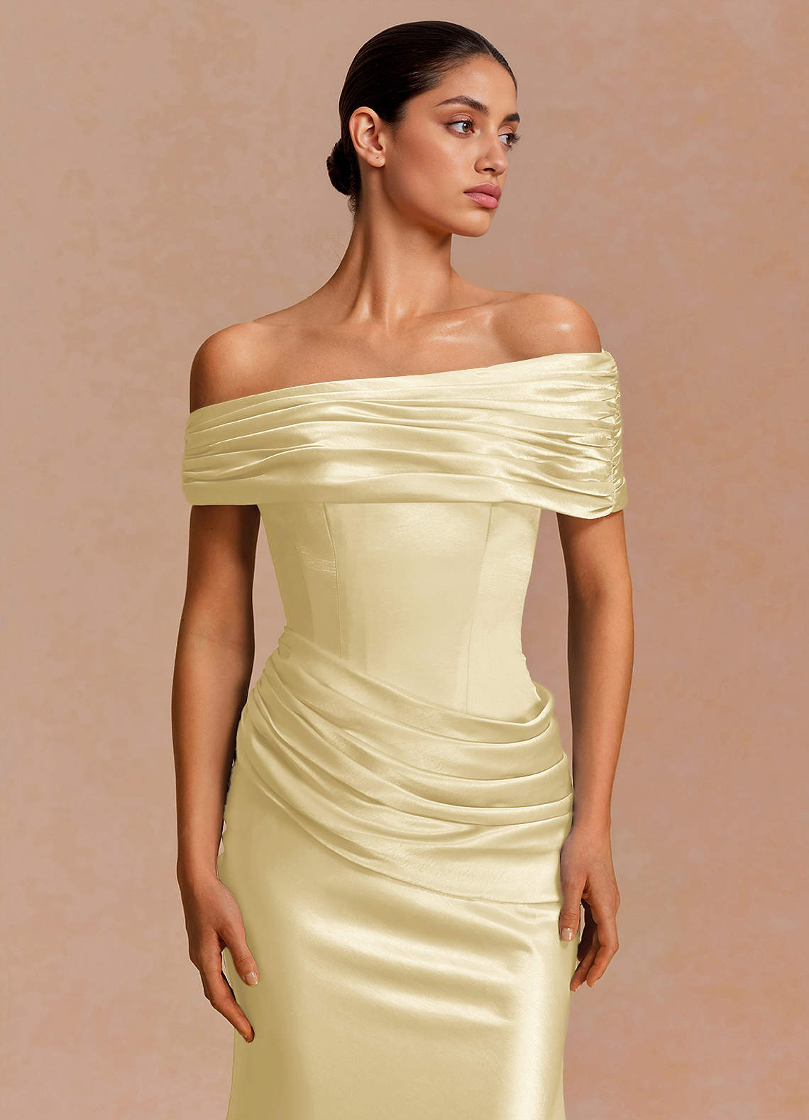 Leonie Strapless Draped-Shoulder Satin Evening Dress in Lemon Sorbet