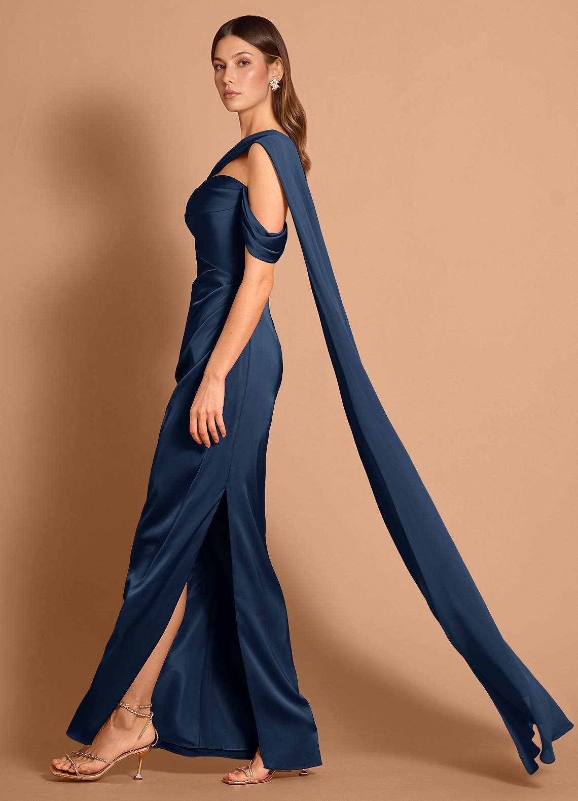 Meliora Asymmetric Strapless Chiffon-Drape Stretch Satin Evening Dress in Navy