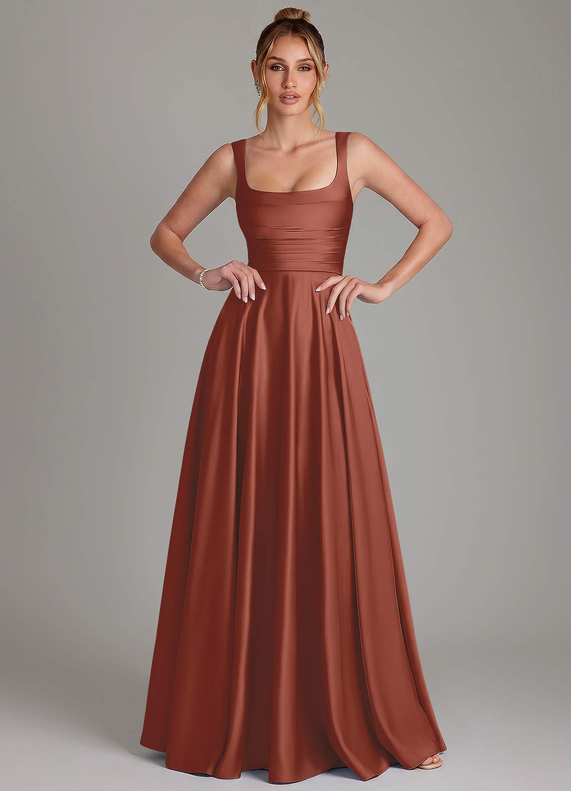 Azaria A-Line Square-Neck Stretch Satin Bridesmaid Dress in Auburn