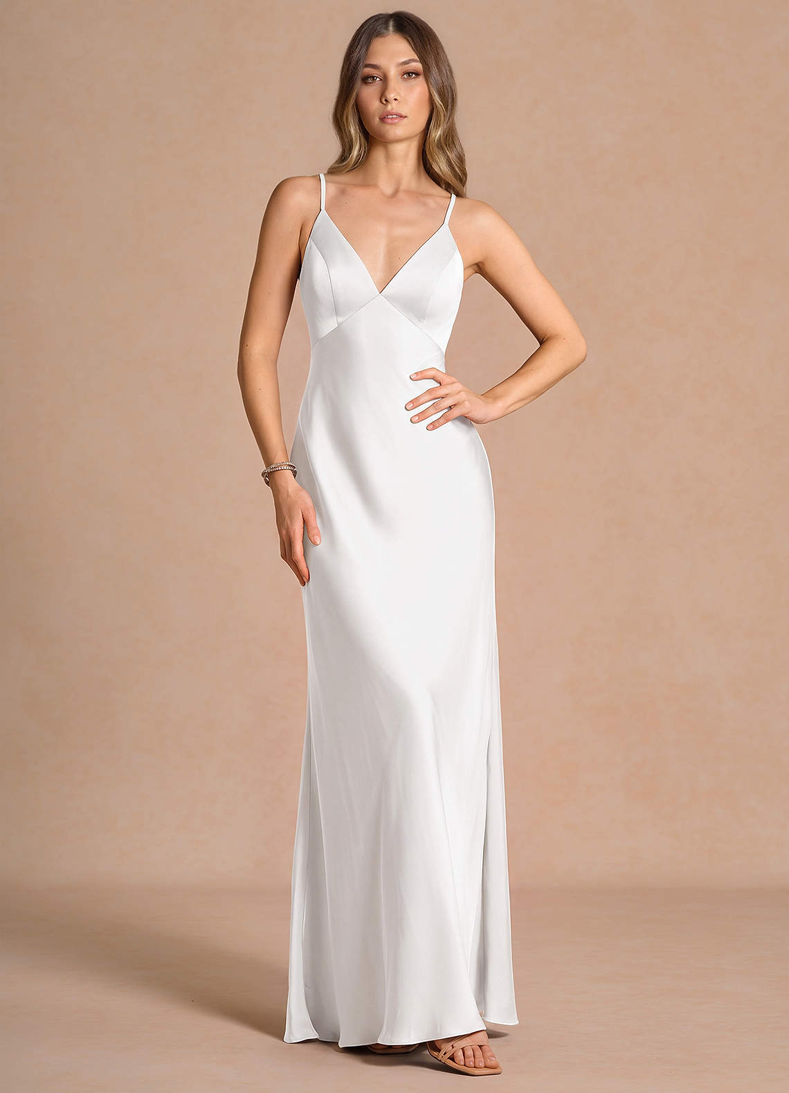 Samara Sheath Feather-Trim Satin Chiffon Wedding Guest Dress in White