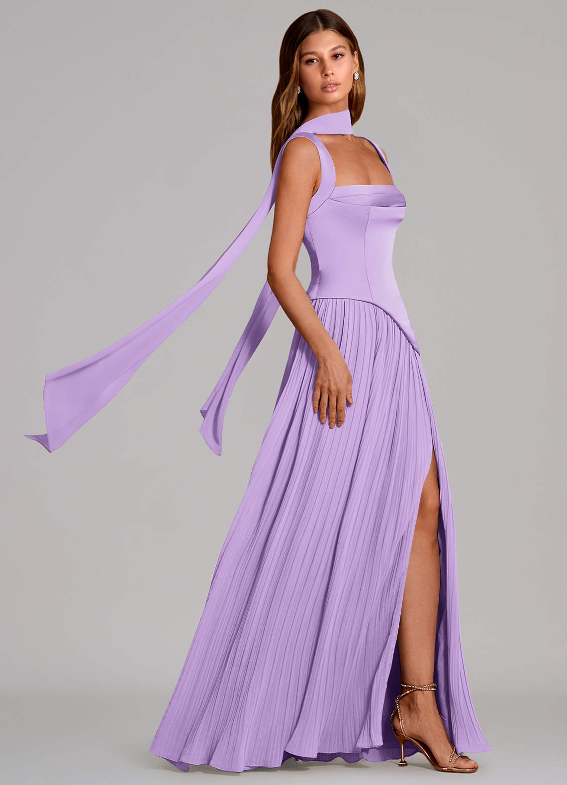 Stephanie A-Line Square-Neck Stretch Satin and Chiffon Bridesmaid Dress in Lilac