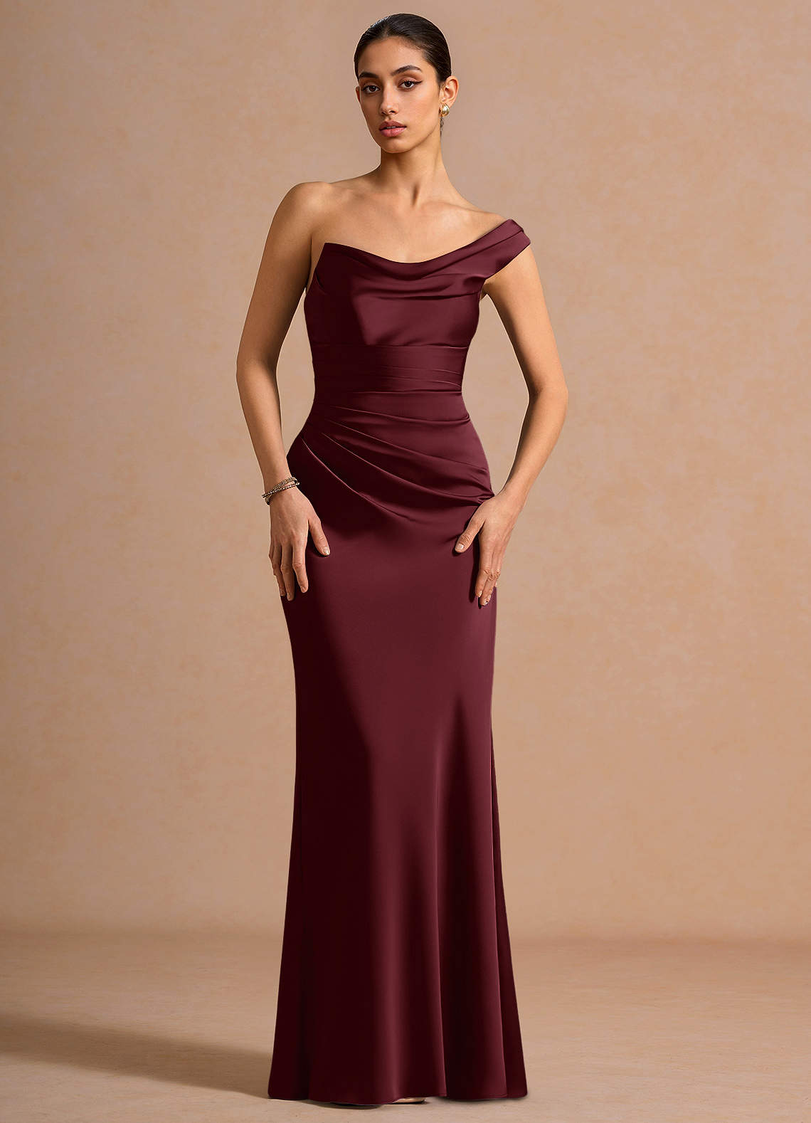 Cassiopeia One-Shoulder Draped Stretch Satin Evening Dress in Lemon Green