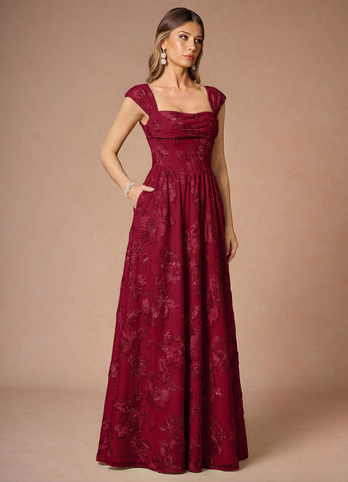Hazel A-Line Cowl-Neck Floral Mesh Wedding Guest Dress in Burgundy